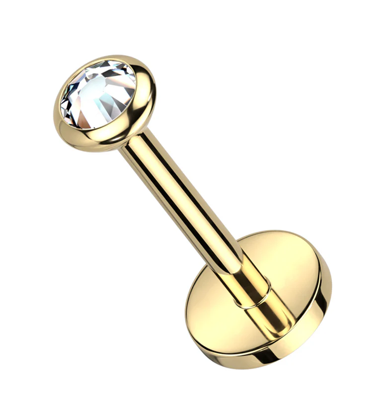 Gold PVD Flat Clear CZ Titanium Threadless Labret - Mrs Treak