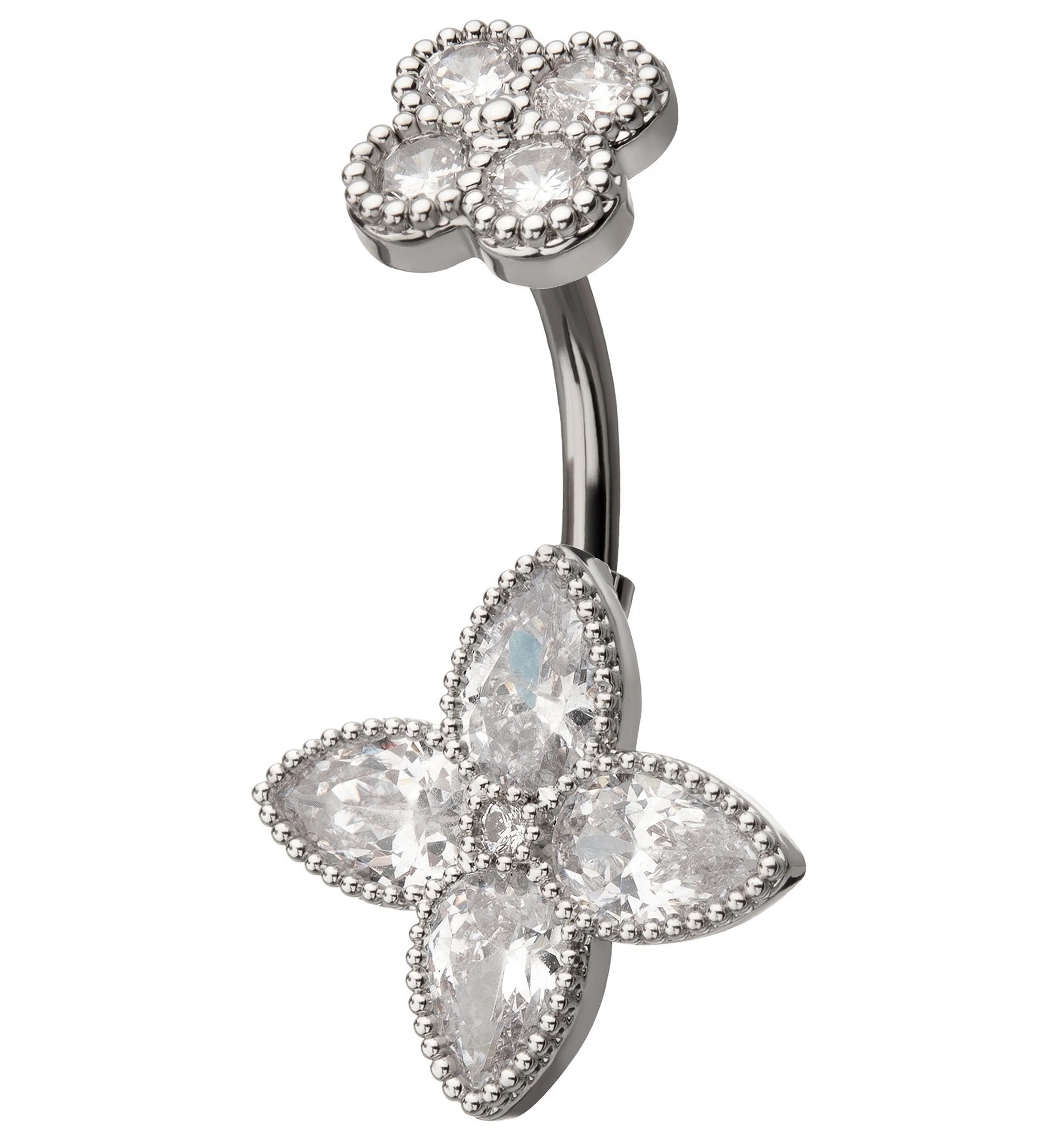 Beaded Teardrop Flower Clear CZ Stainless Steel Belly Button Ring - Mrs Treak