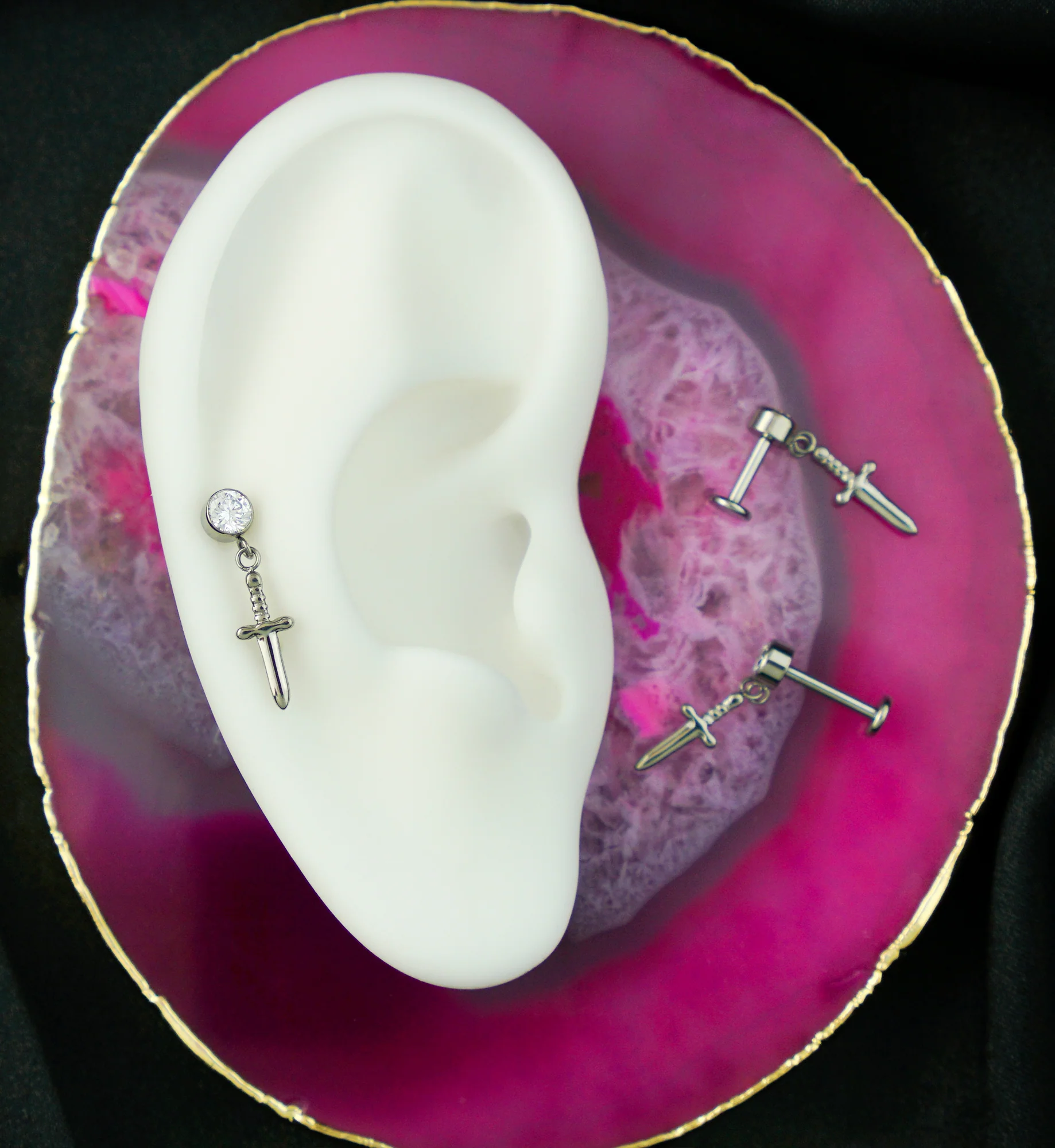 Twisted Handle Dagger Dangle Internally Threaded Titanium Labret - Mrs Treak