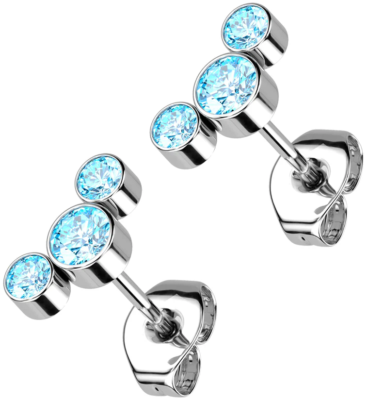 Triple Aqua CZ Titanium Threadless Earrings - Mrs Treak