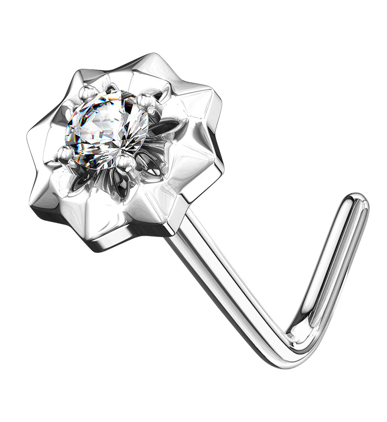 14kt White Gold Sol Clear CZ L Bend Nose Ring - Mrs Treak