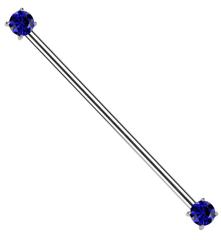 Prong Blue CZ Threadless Titanium Industrial Barbell - Mrs Treak