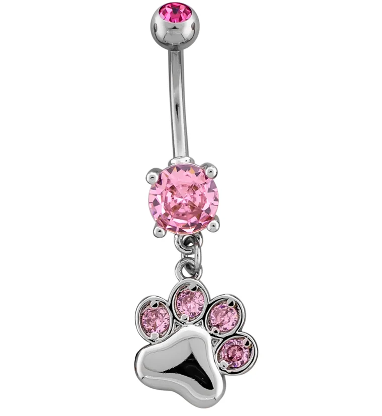 Paw Print Dangle Pink CZ Stainless Steel Belly Button Ring - Mrs Treak