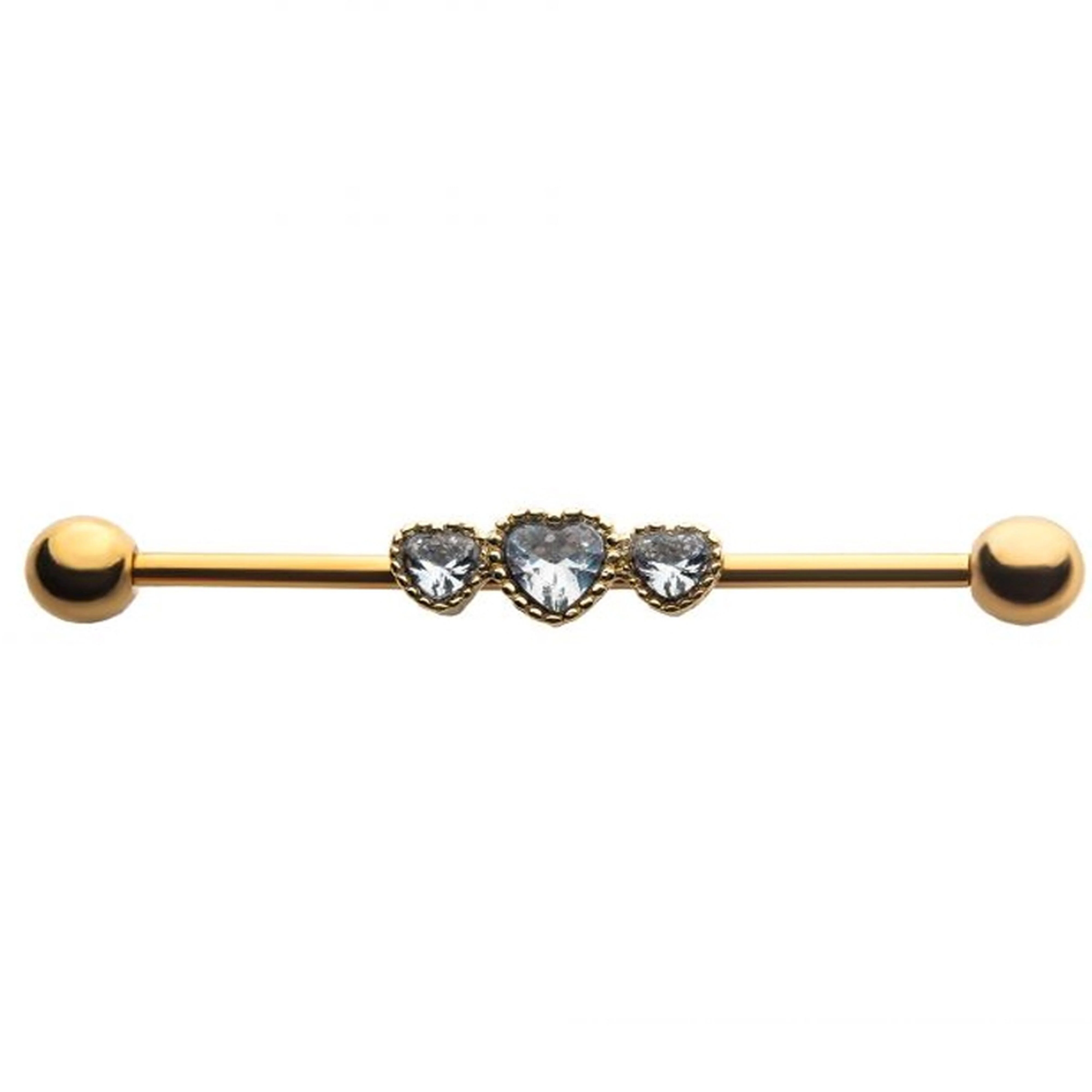 Gold PVD Triple Heart Gem Industrial Barbell - Mrs Treak