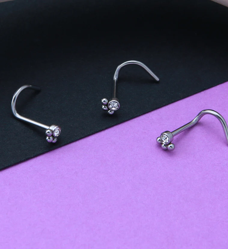Triple Beaded Clear CZ Nose Screw Ring - Mrs Treak