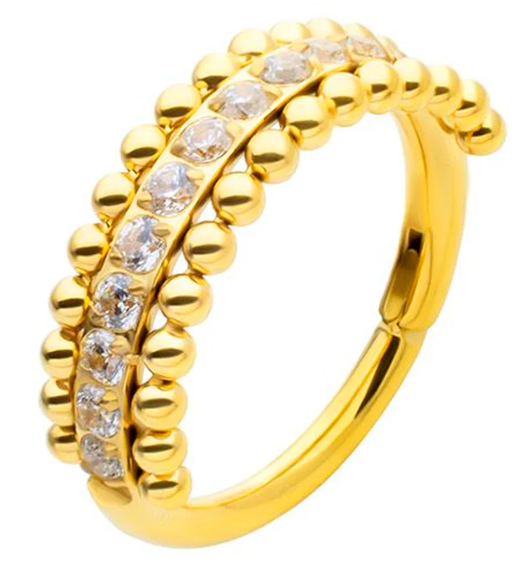 Gold PVD Beaded Center Row Clear CZ Stainless Steel Hinged Segment Ring - Mrs Treak