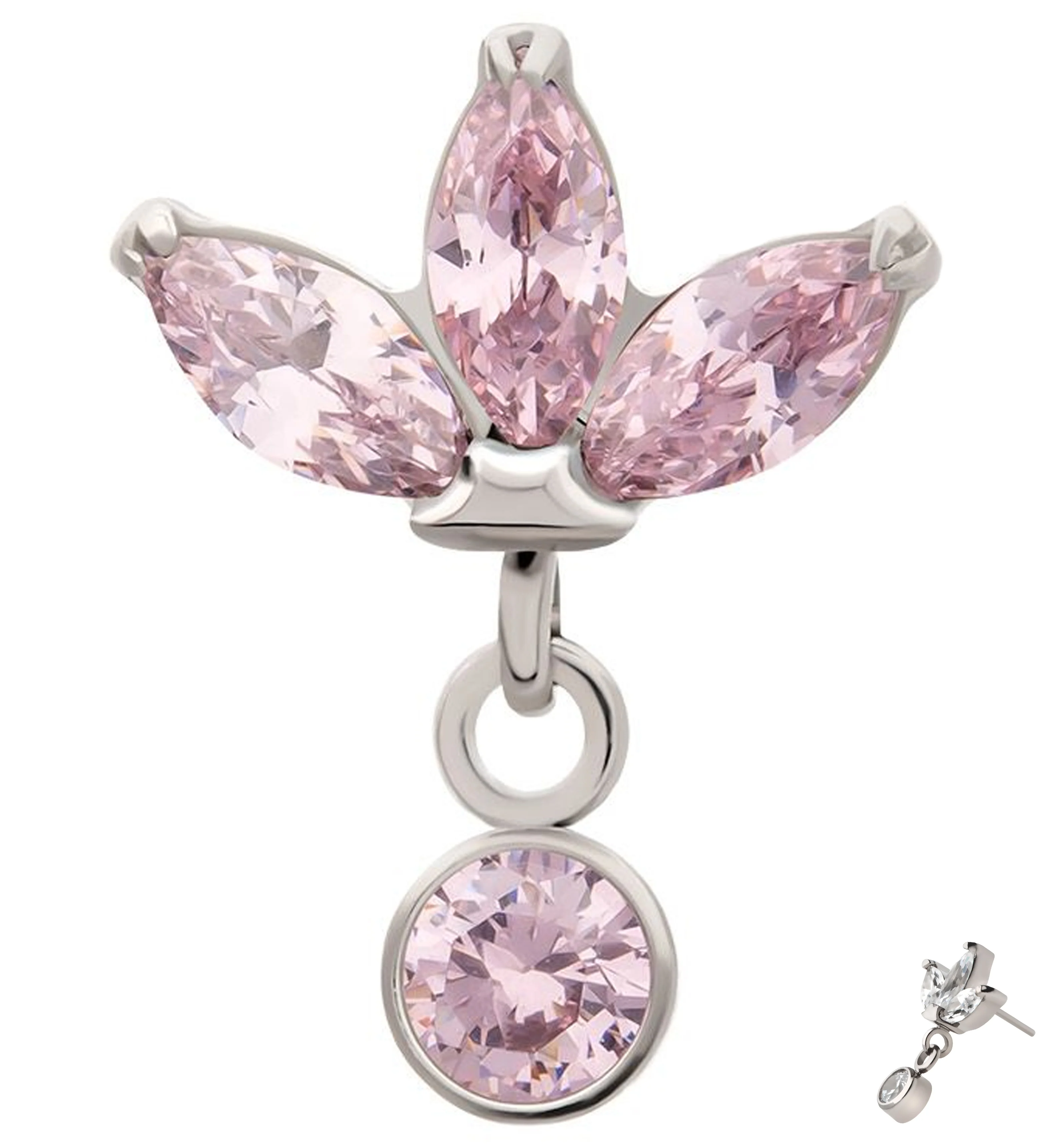 Triple Sepal Marquise Pink CZ Bezel Dangle Titanium Threadless Top - Mrs Treak