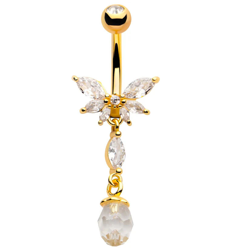Gold PVD Half Flower Clear CZ Dangle Faceted Charm Stainless Steel Belly Button Ring - Mrs Treak