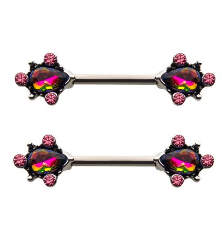 14G Pink Aurora CZ Filigree Nipple Rings Barbell - Mrs Treak