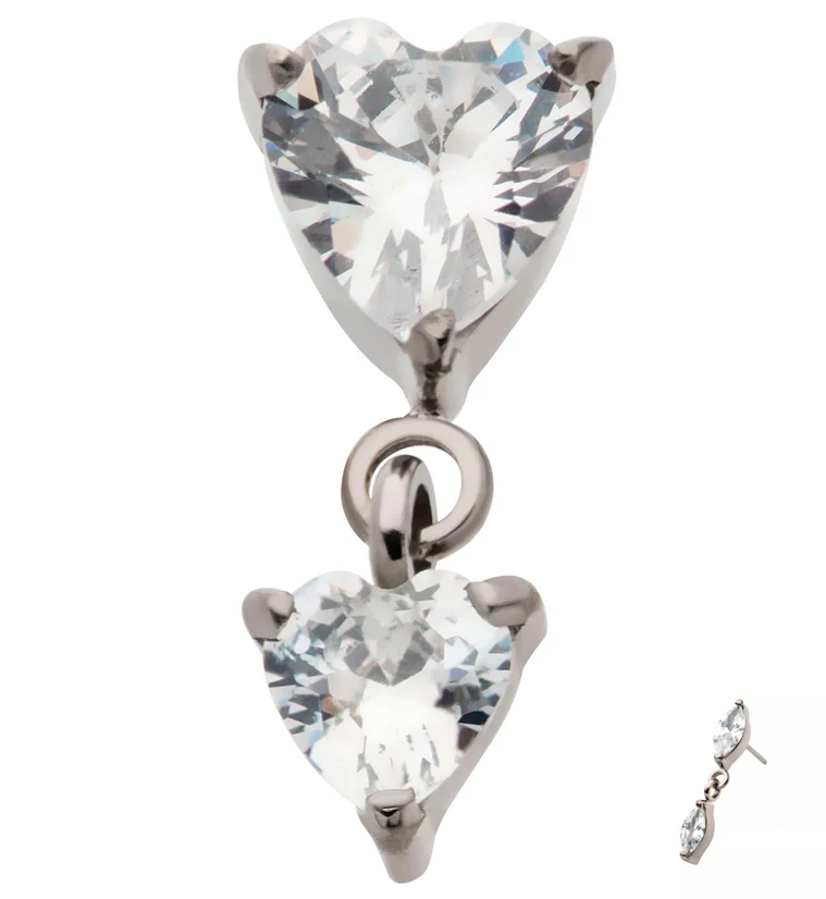Double Heart Dangle CZ Threadless Titanium Top - Mrs Treak
