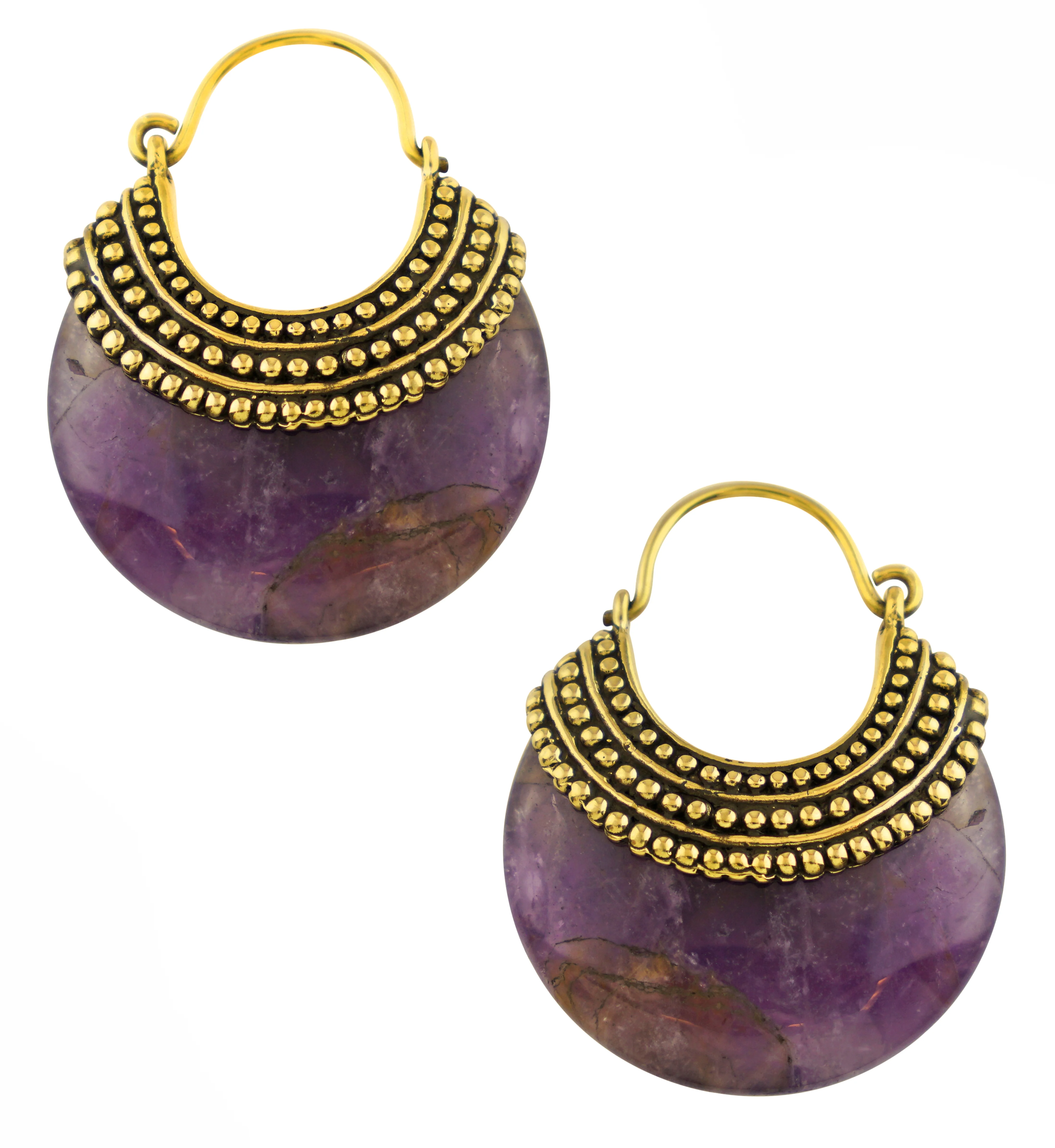Amethyst Beaded Brass Stone Earrings - Mrs Treak