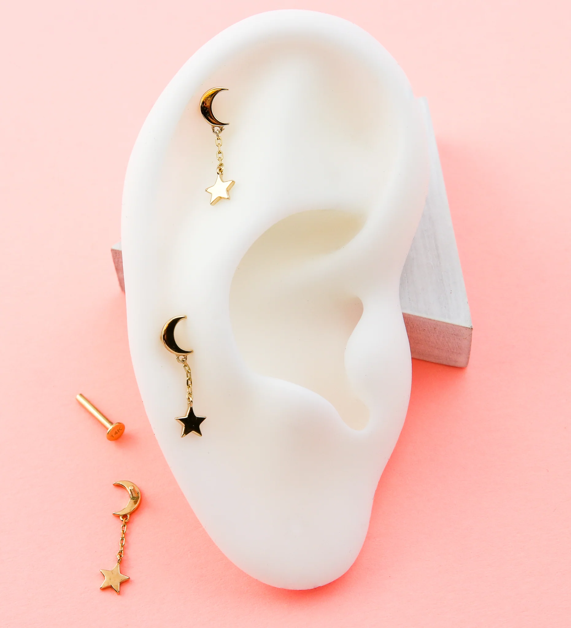 14kt Gold Crescent Moon Dangle Star Internally Threaded Labret - Mrs Treak