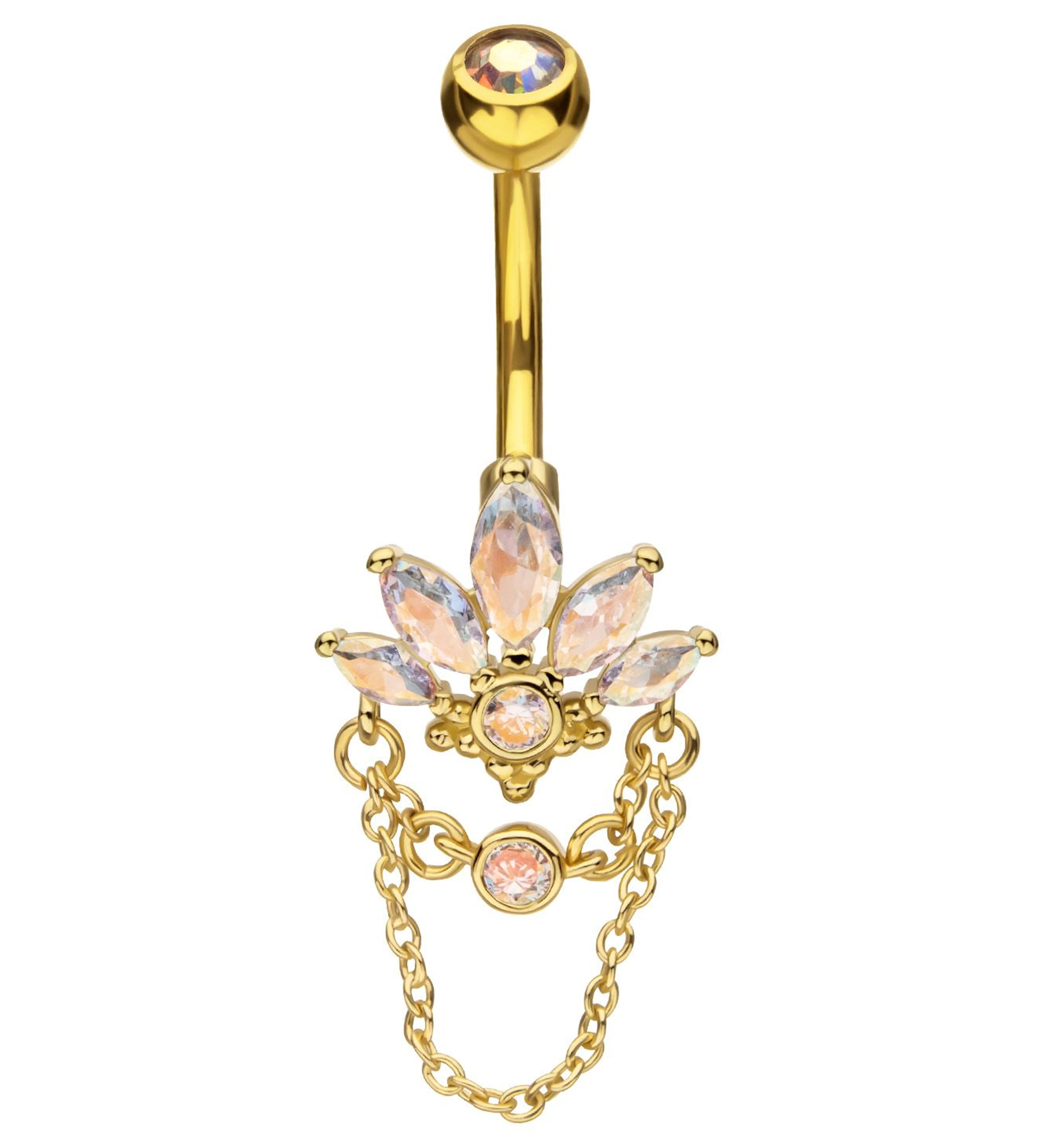Gold PVD Marquise Lotus Rainbow Aurora CZ Dangle Chain Stainless Steel Belly Button Ring - Mrs Treak