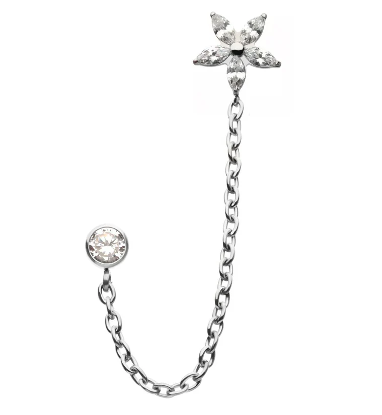 Marquise Flower Clear CZ Titanium Threadless Connector Chain Tops - Mrs Treak