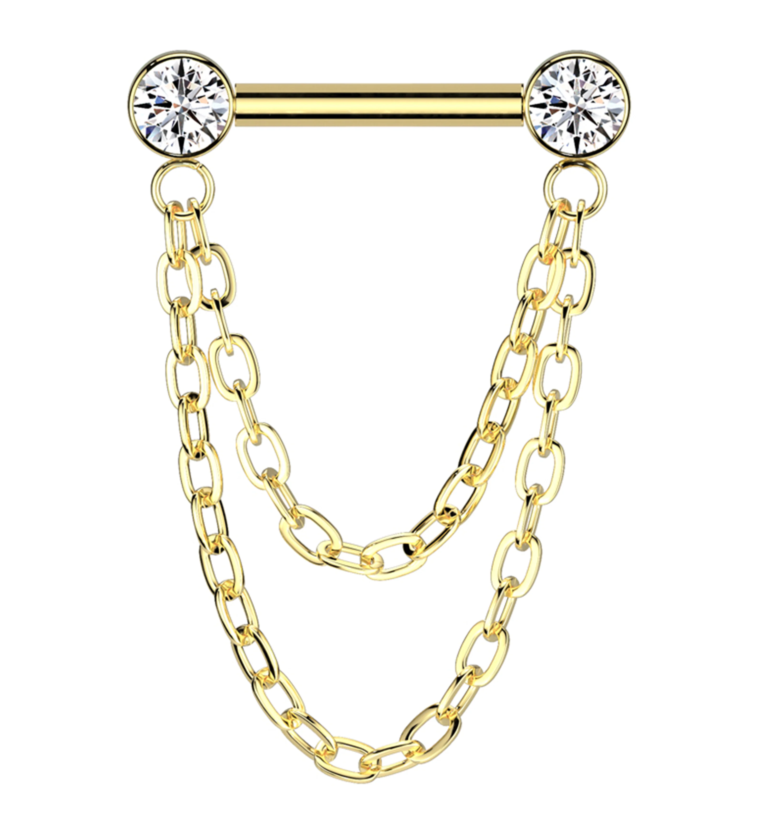 Gold PVD Clear CZ Double Chain Titanium Threadless Straight Barbell - Mrs Treak