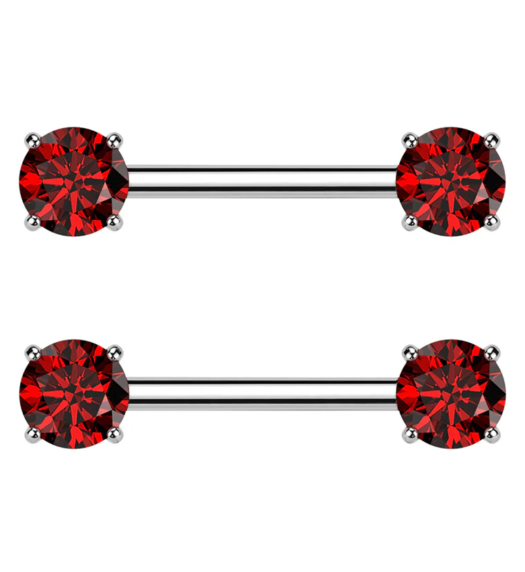 Prong Red CZ Threadless Titanium Nipple Barbells - Mrs Treak