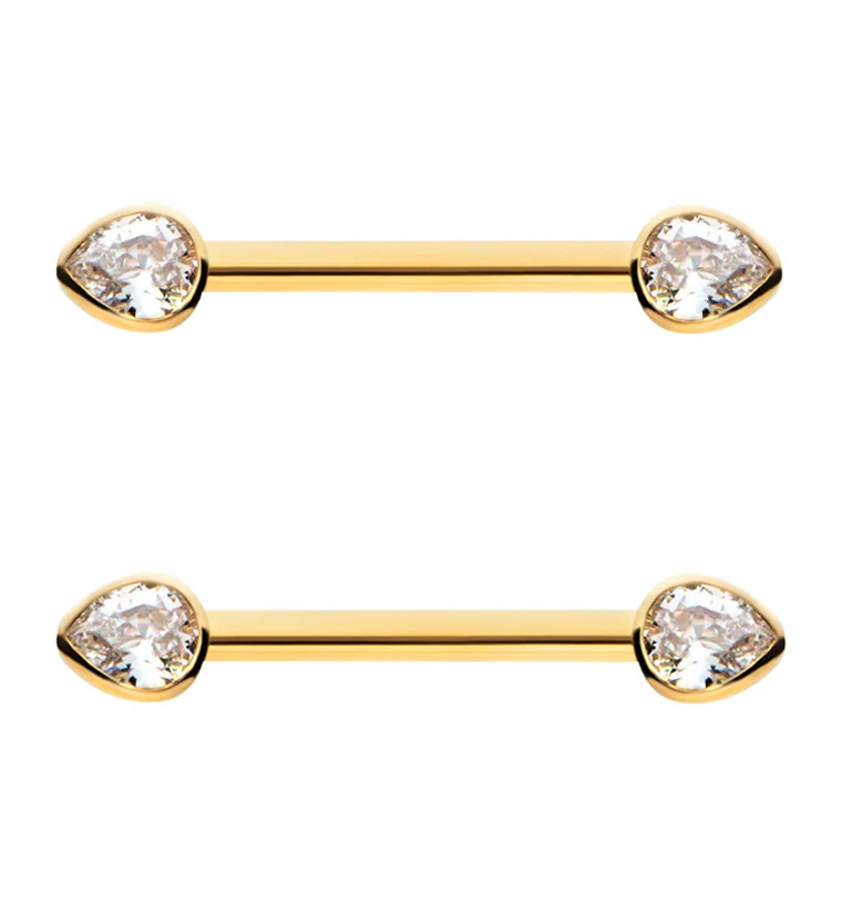 24kt Gold PVD Teardrop Clear CZ Titanium Threadless Nipple Barbell - Mrs Treak