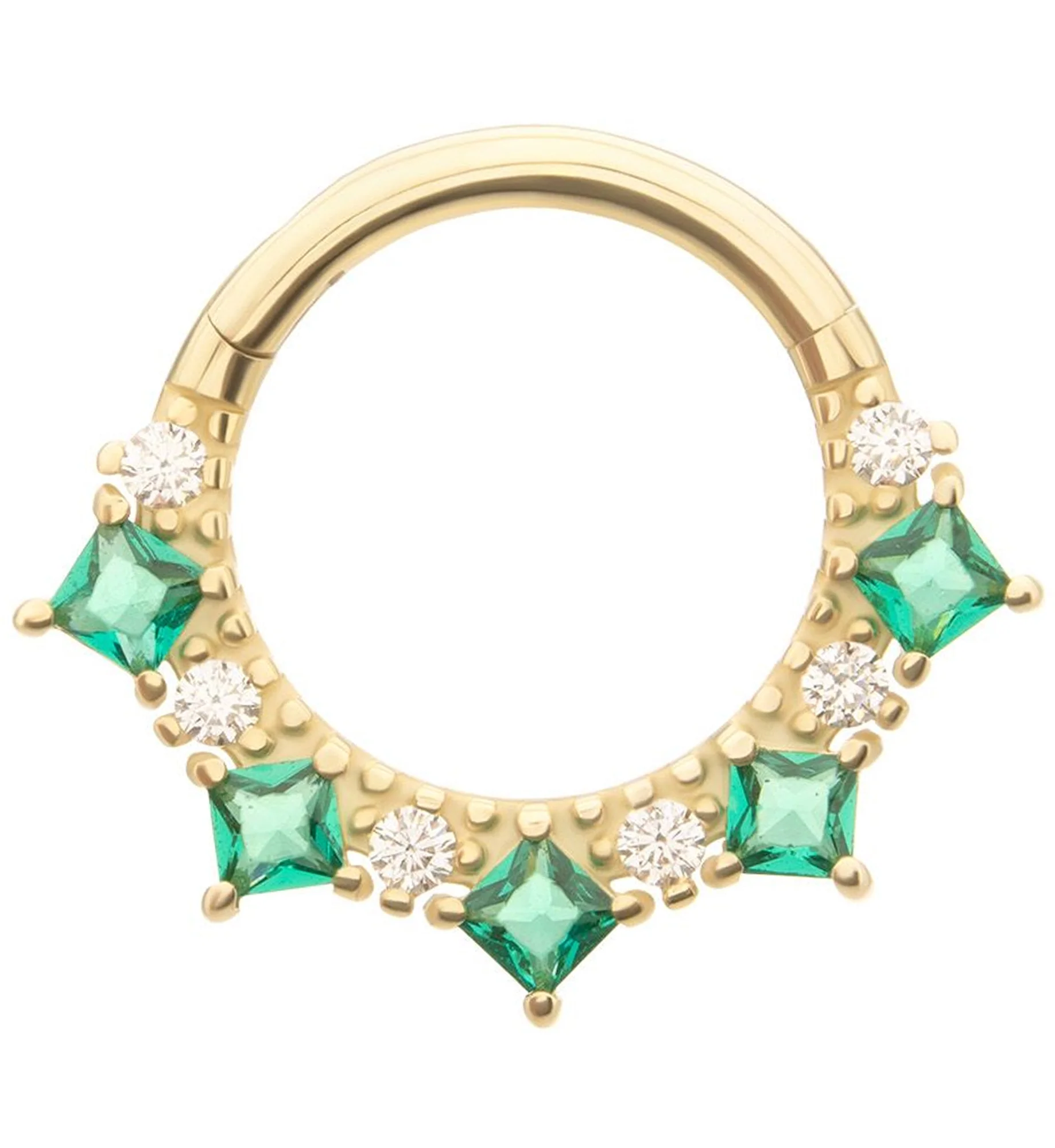 14kt Gold Beaded Princess Emerald CZ Hinged Segment Ring - Mrs Treak