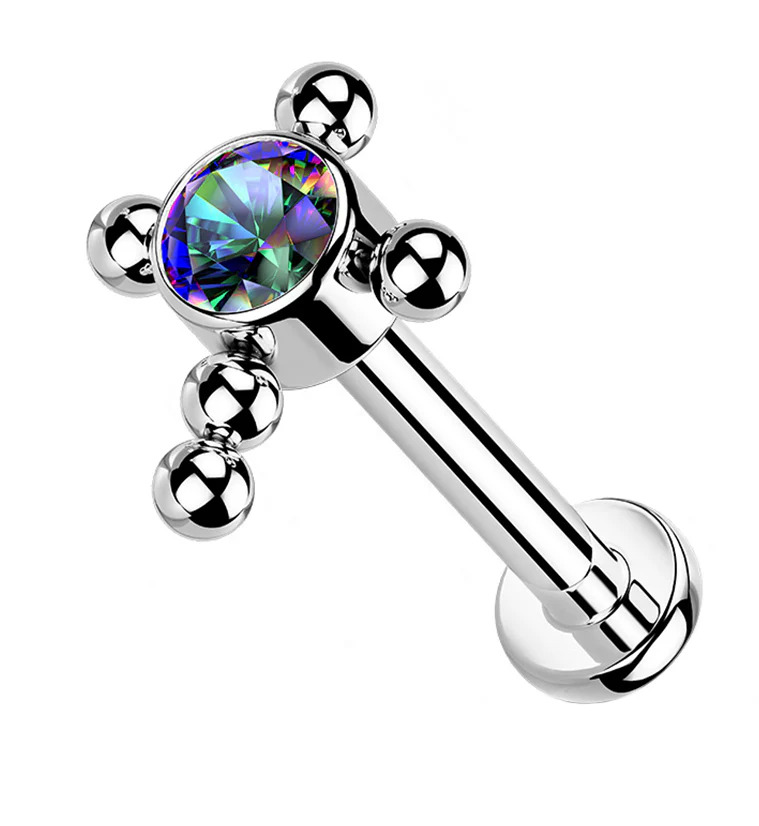Cross Centered Black Aurora CZ Titanium Labret - Mrs Treak