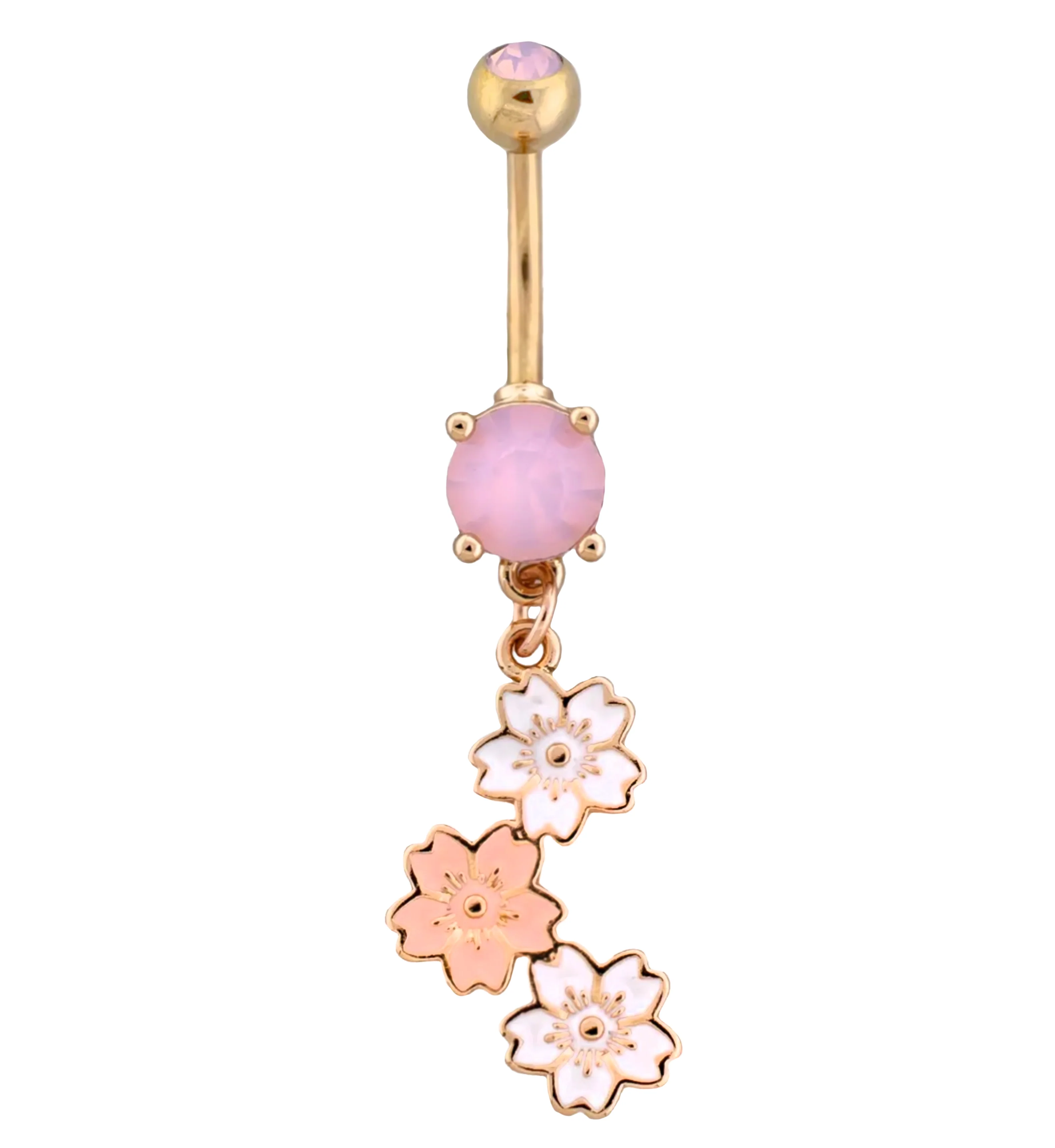 Gold PVD Triple Blush Flower Rose Quartz Dangle Stainless Steel Belly Button Ring - Mrs Treak