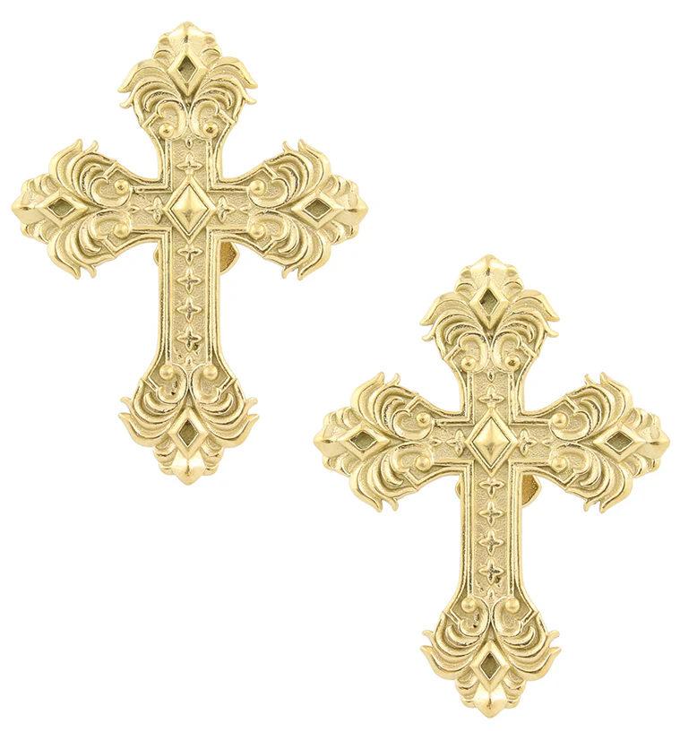 Gold PVD Ornate Cross Stainless Steel Ear Weights - Mrs Treak