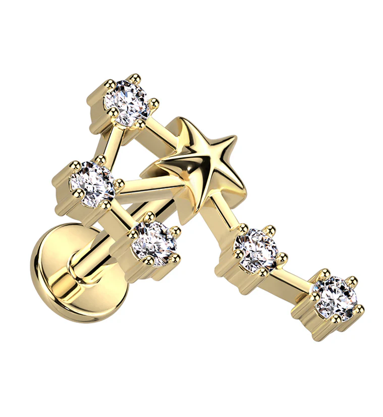 Gold PVD Libra Constellation Clear CZ Stainless Steel Internally Threaded Labret - Mrs Treak