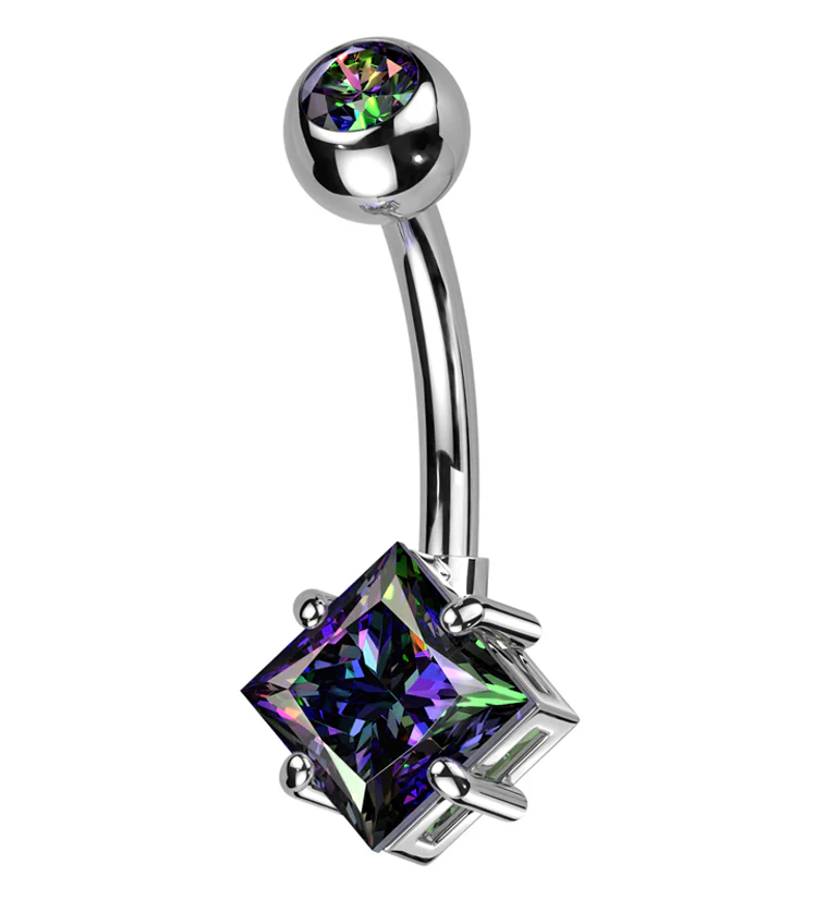 Rhombus Prong Black Aurora CZ Titanium Belly Button Ring - Mrs Treak