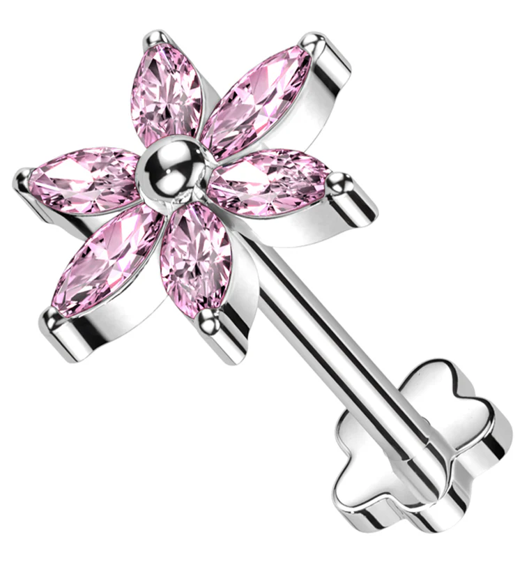 Senary Flower Pink CZ Flower Back Threadless Titanium Labret - Mrs Treak