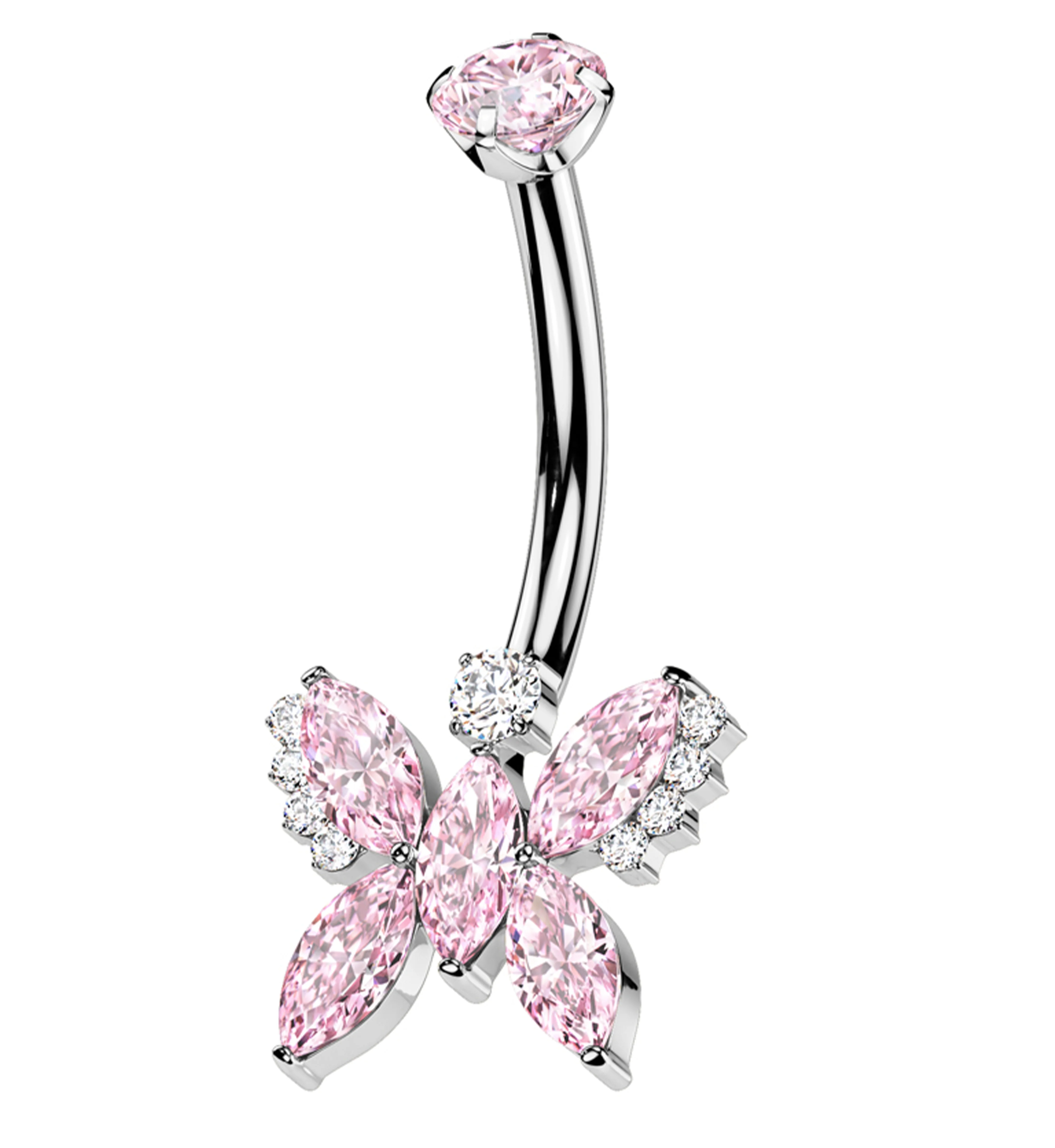 Marquise Butterfly Pink CZ Titanium Internally Threaded Belly Button Ring - Mrs Treak