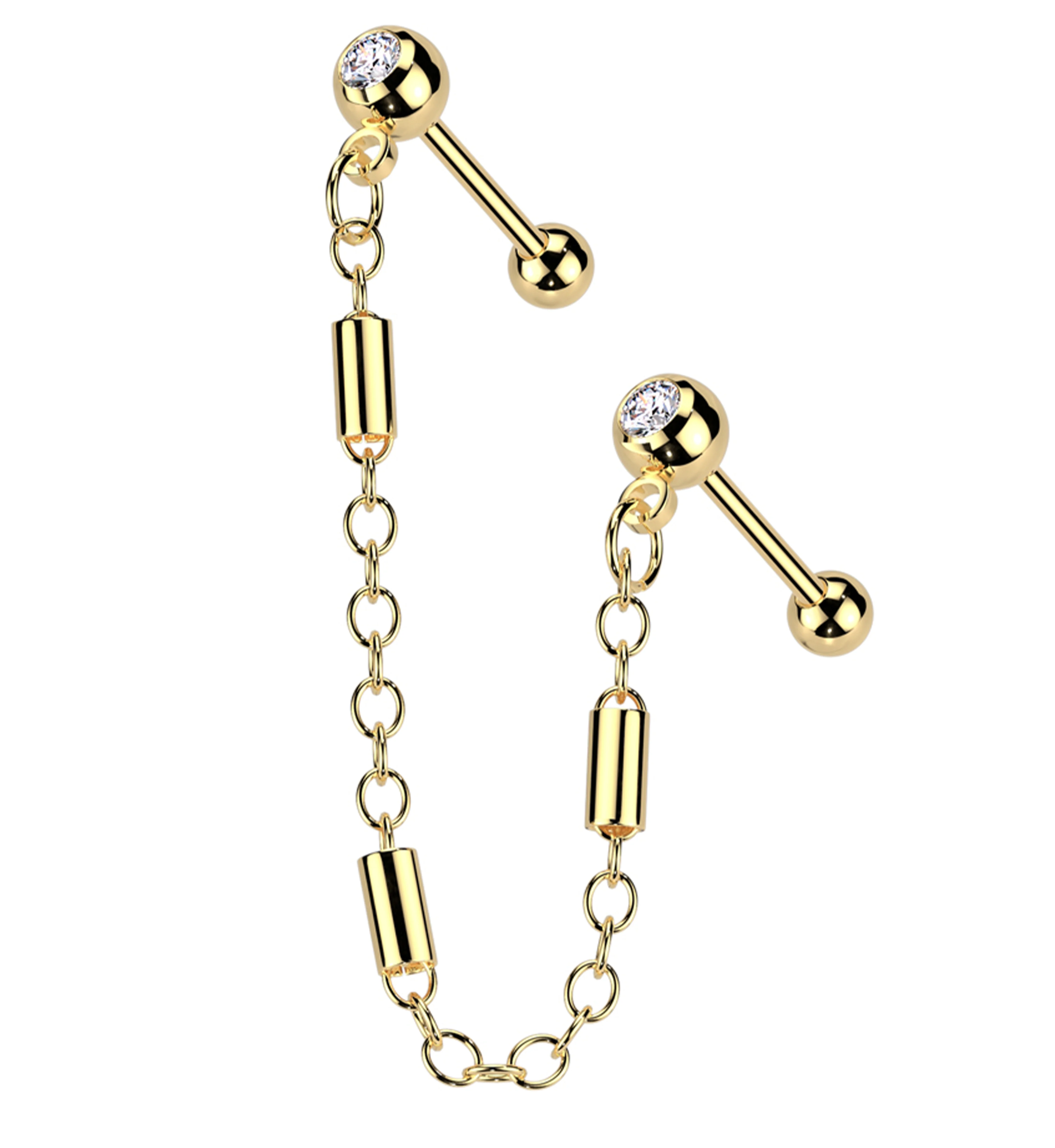 Gold PVD Dual Barbell Clear CZ Stainless Steel Link Piercing Chain - Mrs Treak
