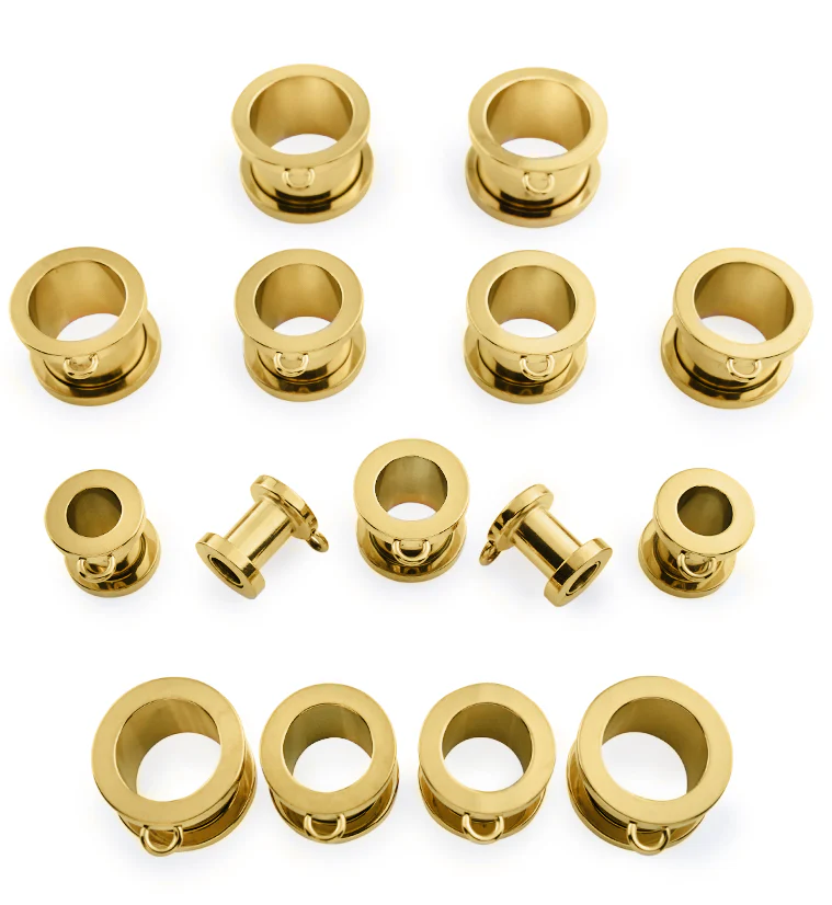Gold PVD Jump Ring Stainless Steel Screw Back Tunnel Plugs - Mrs Treak
