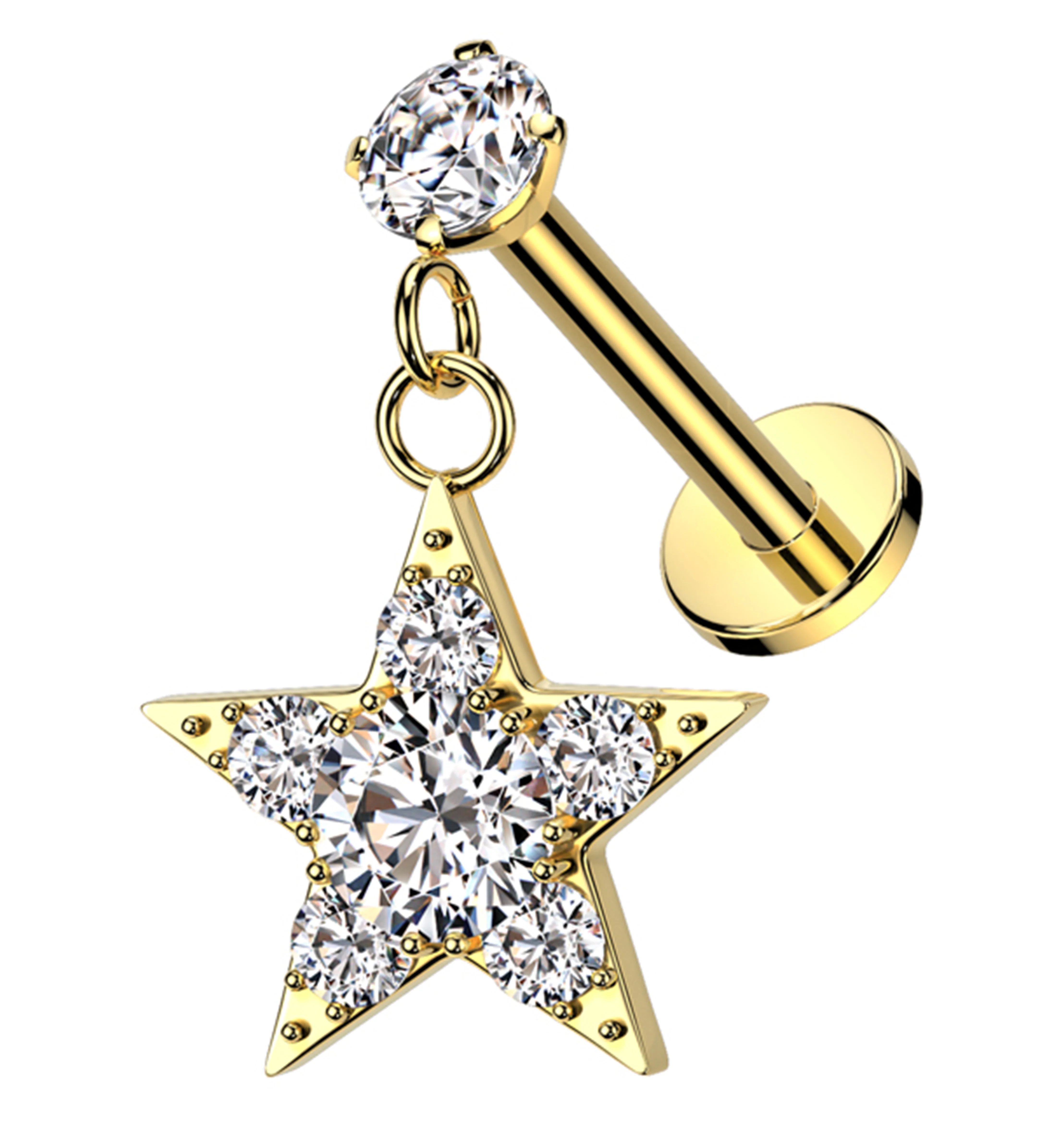 Gold PVD Star Dangle Clear CZ Internally Threaded Stainless Steel Labret - Mrs Treak