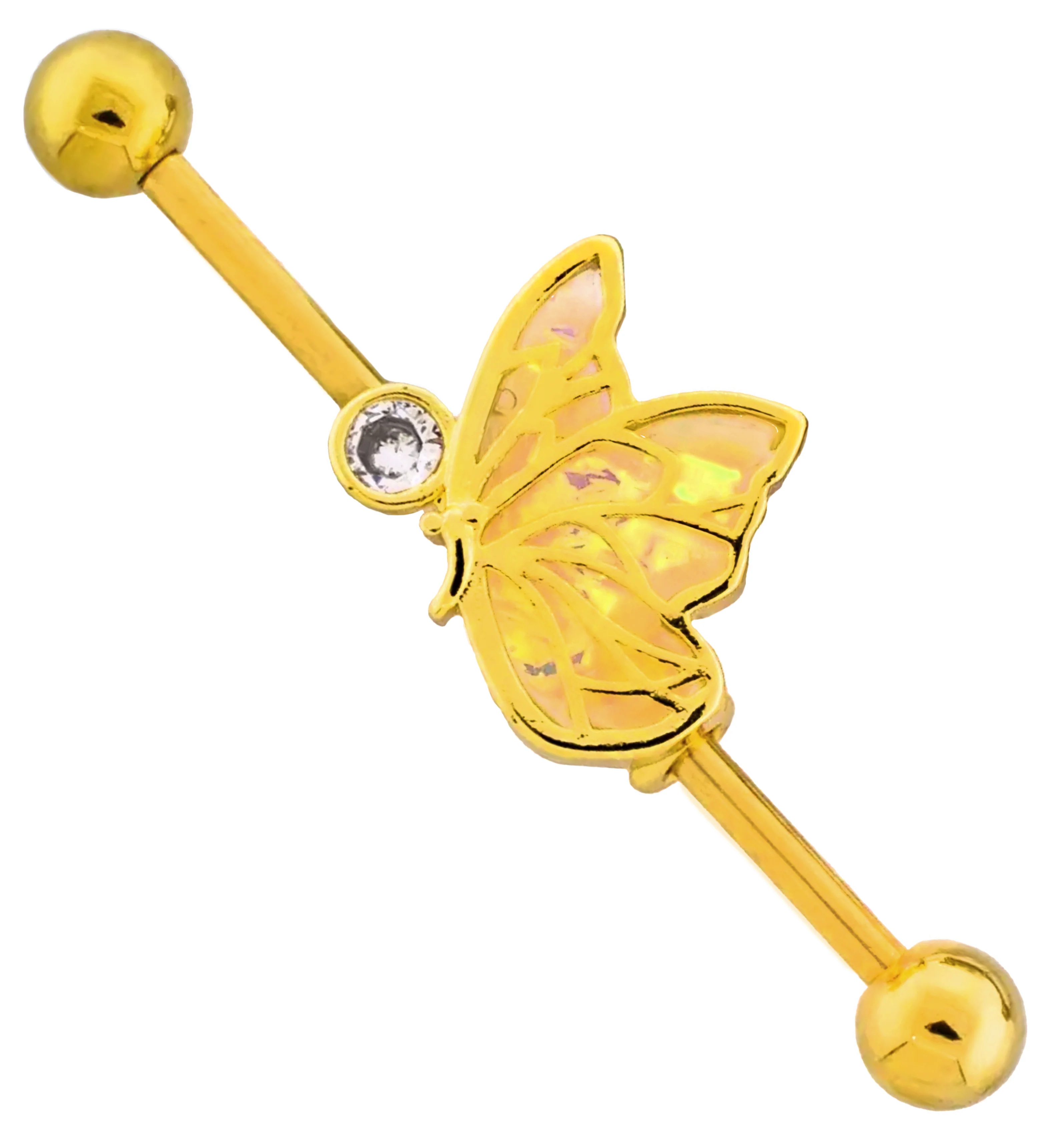 Gold PVD Glitter Butterfly Clear CZ Stainless Steel Industrial Barbell - Mrs Treak
