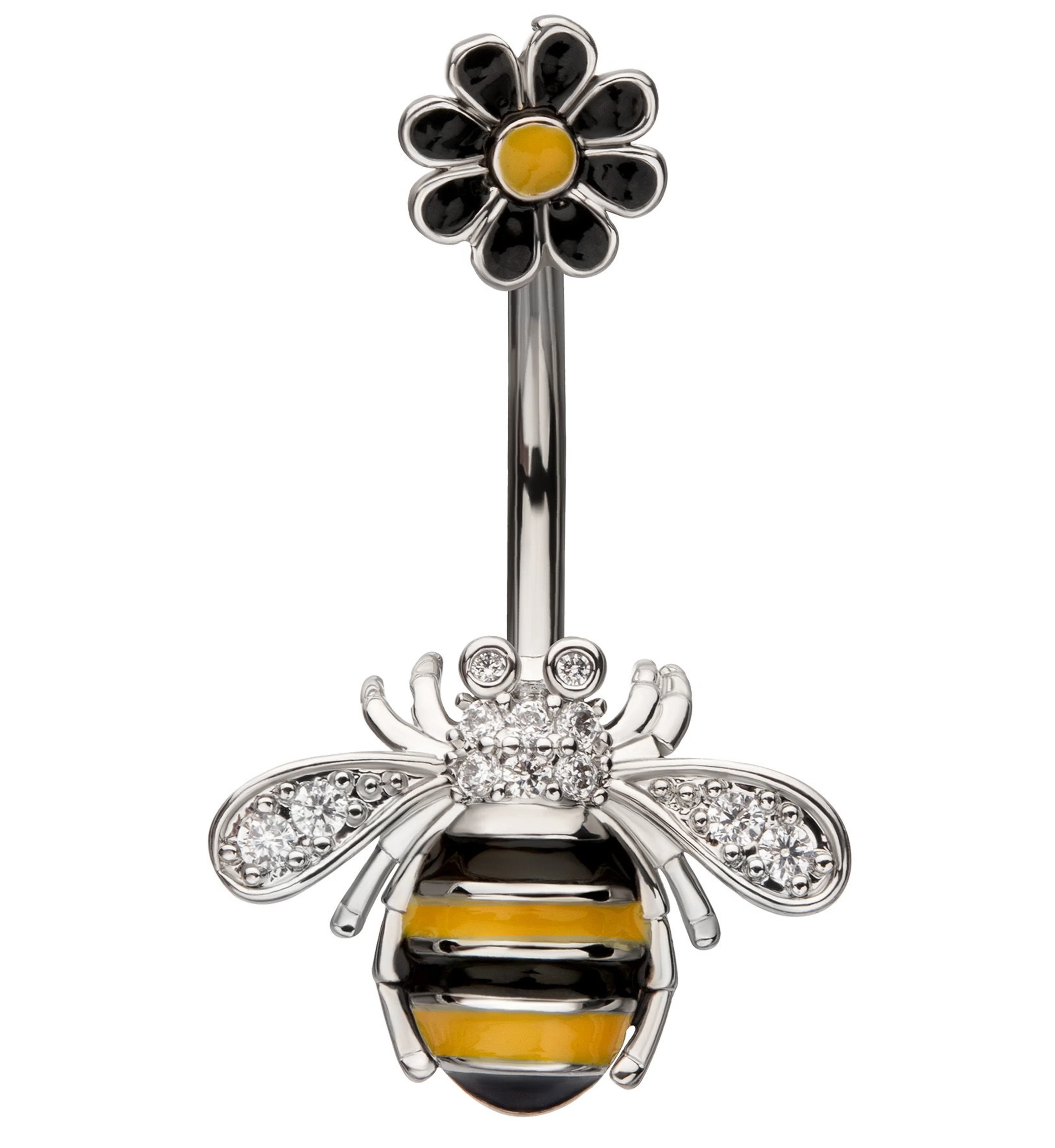 Black And Yellow Bee Flower Clear CZ Stainless Steel Belly Button Ring - Mrs Treak