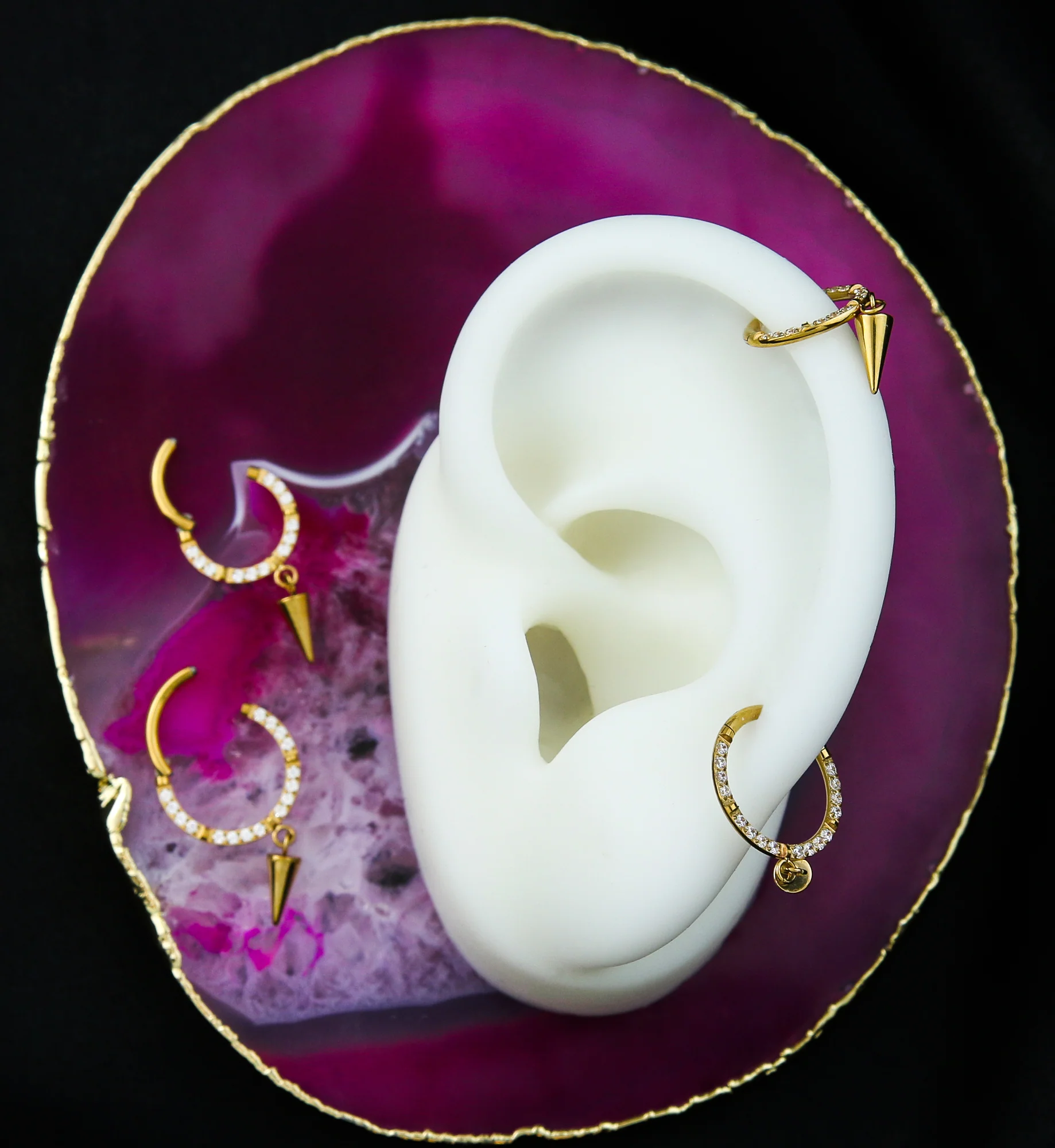 Gold PVD Front Facing Cone Dangle Clear CZ Row Titanium Hinged Segment Ring - Mrs Treak