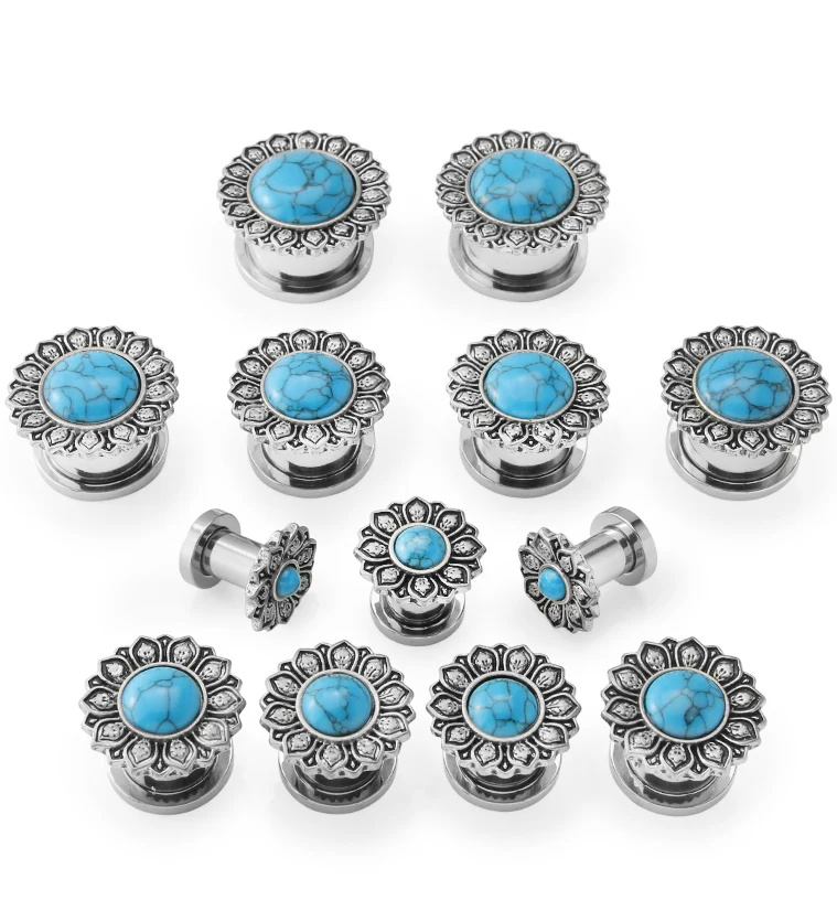 Lotus Flower Howlite Turquoise Stainless Steel Tunnel Plugs - Mrs Treak