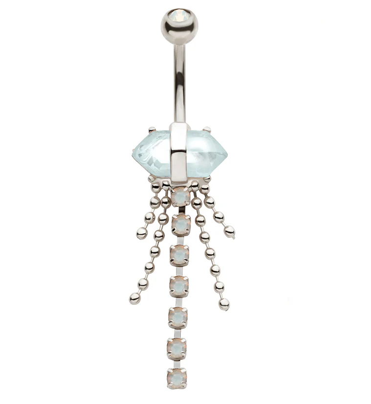White Opalite Crystal Bead Chain Stainless Steel Belly Button Ring - Mrs Treak