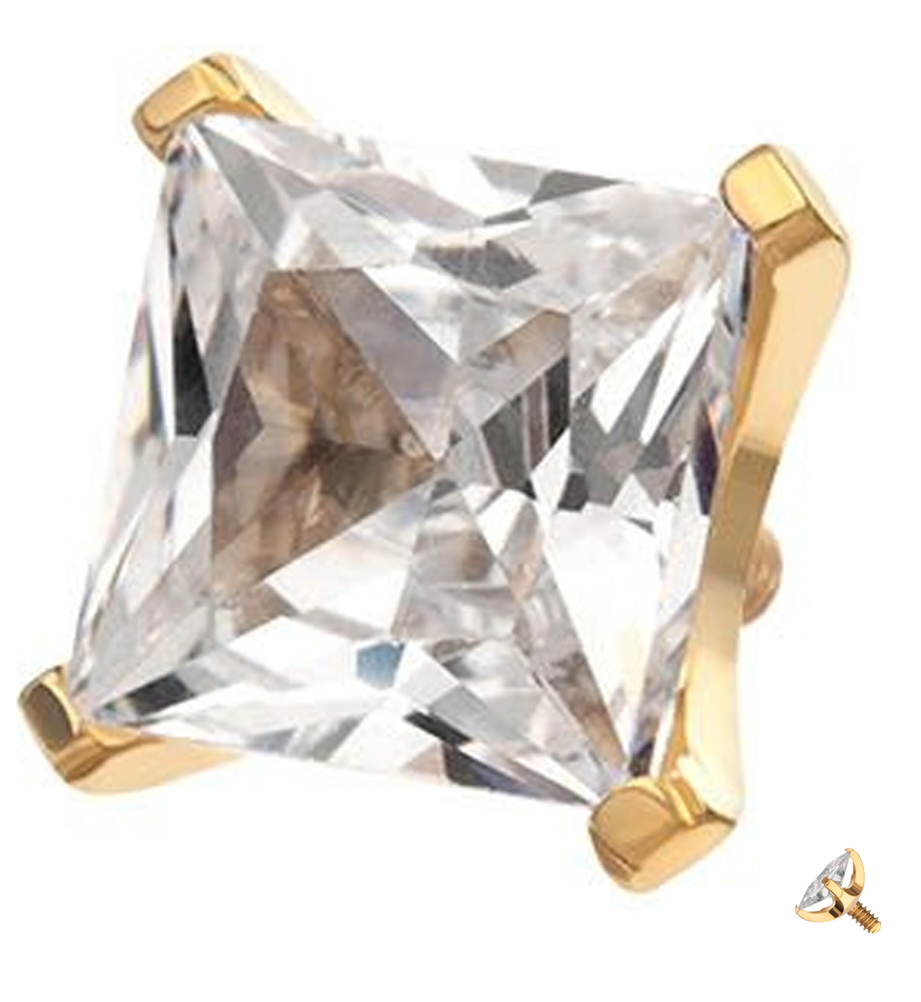 24kt Gold PVD Princess Clear CZ Internally Threaded Titanium Top - Mrs Treak