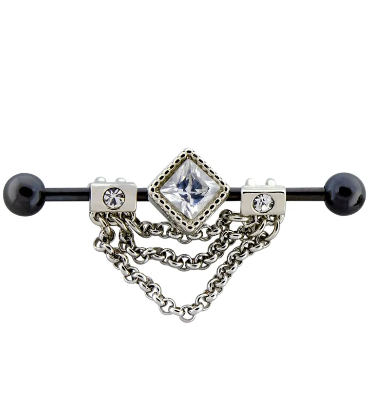 Black PVD Gem Square Chained Stainless Steel Industrial Barbell - Mrs Treak