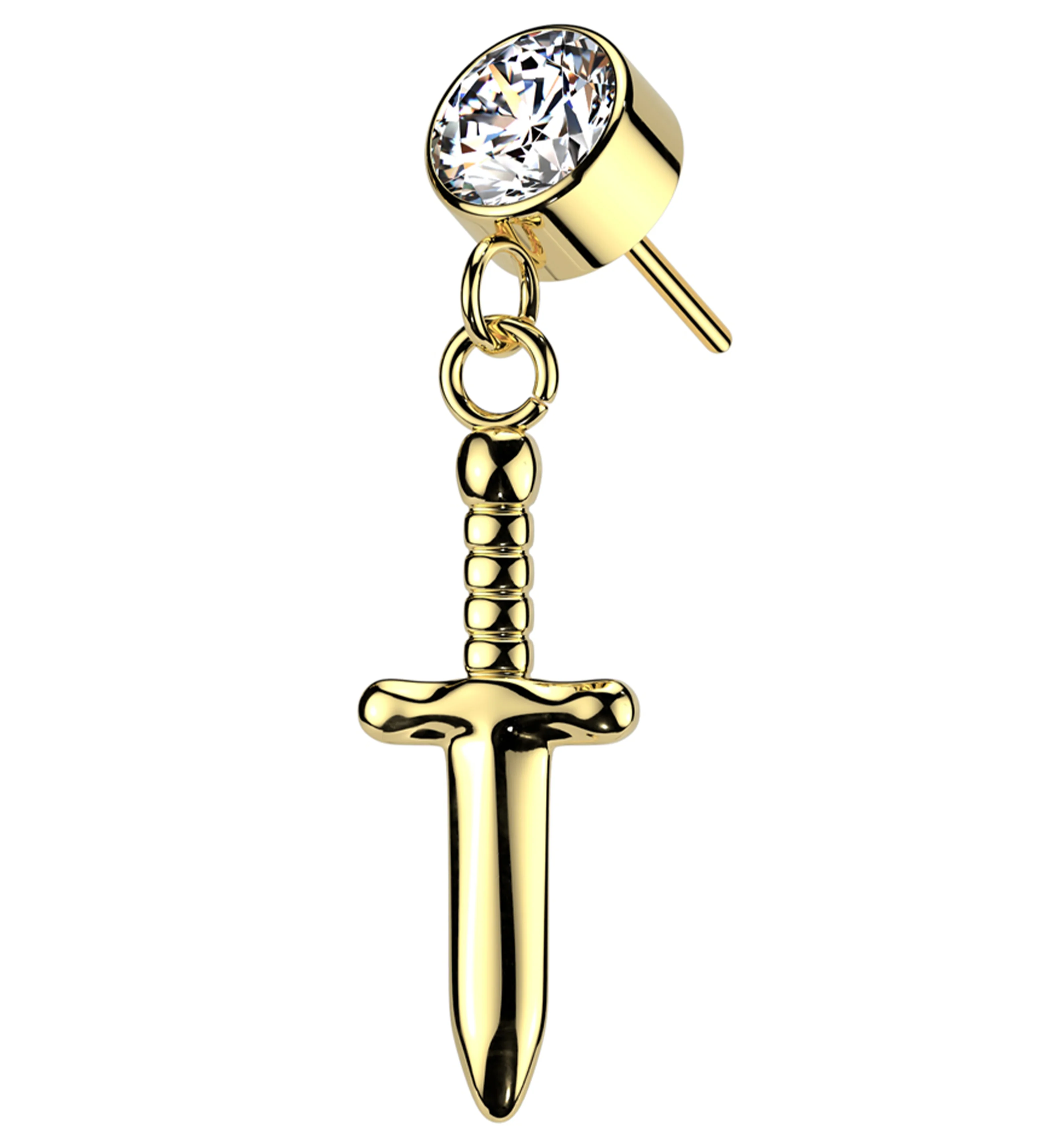 Gold PVD Twisted Dagger Dangle Clear CZ Titanium Threadless Top - Mrs Treak
