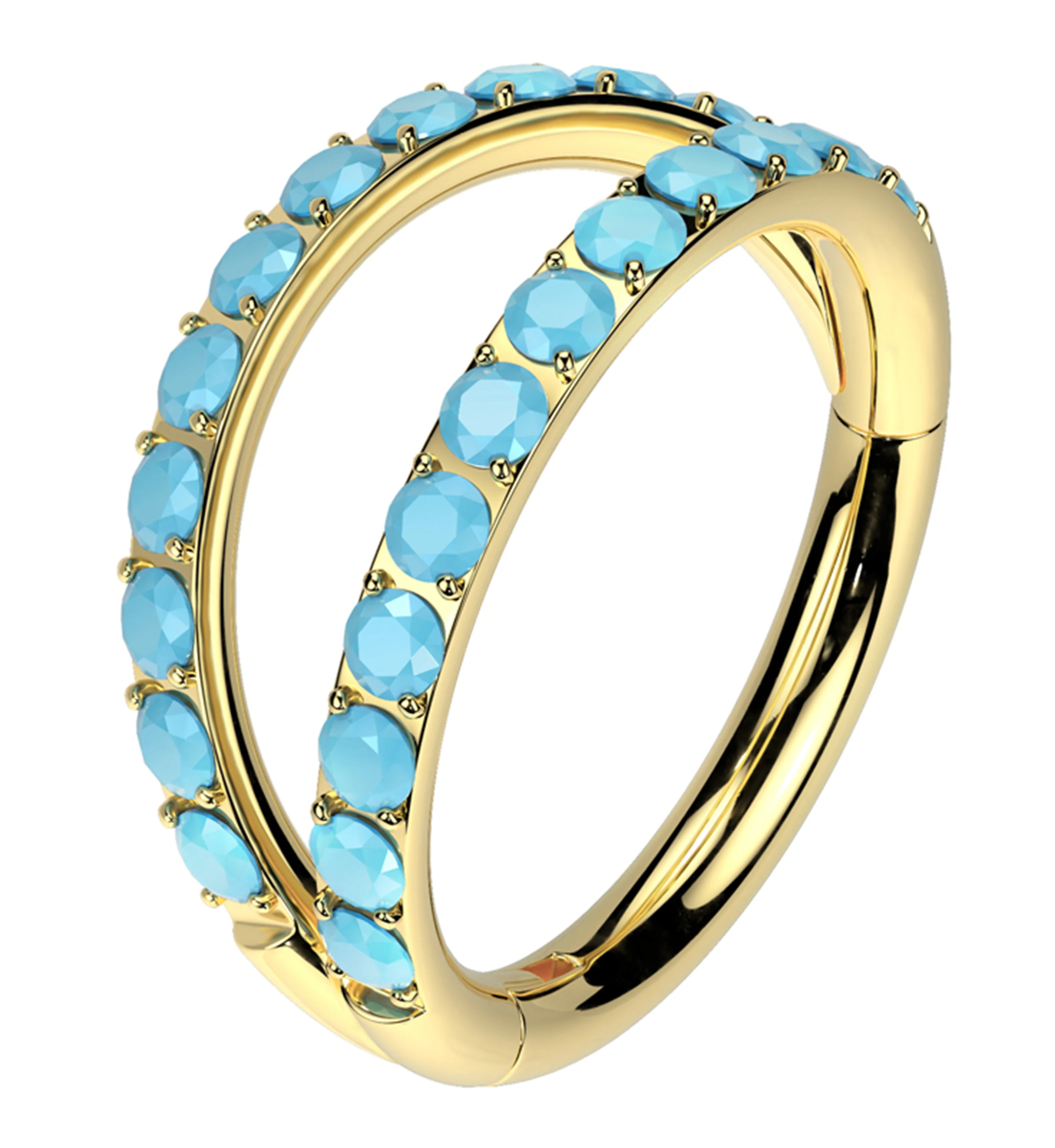 Gold PVD Double Side Facing Turquoise Row Titanium Hinged Segment Ring - Mrs Treak