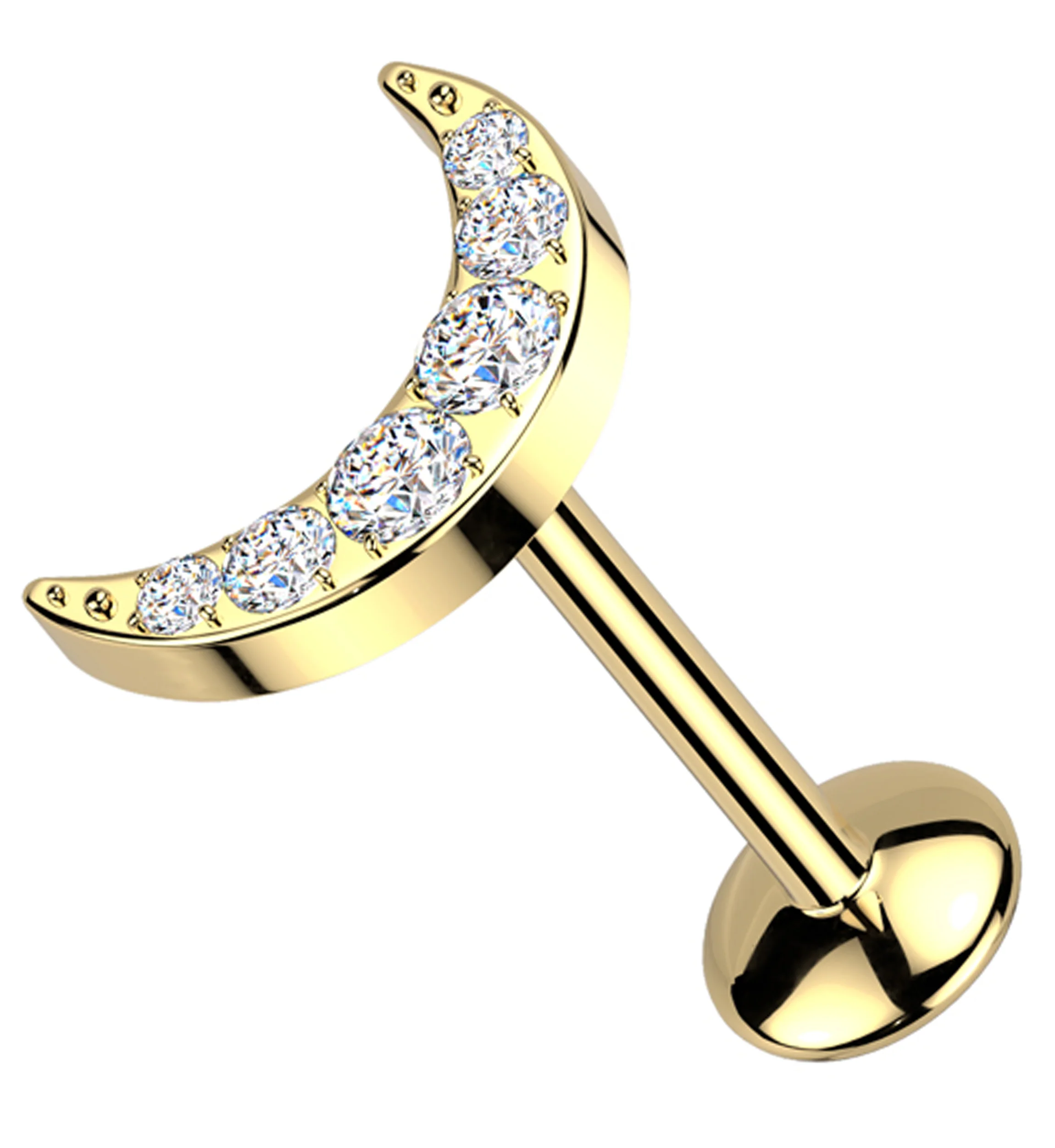 Gold PVD Crescent Moon Clear CZ Titanium Convex Disk Labret - Mrs Treak