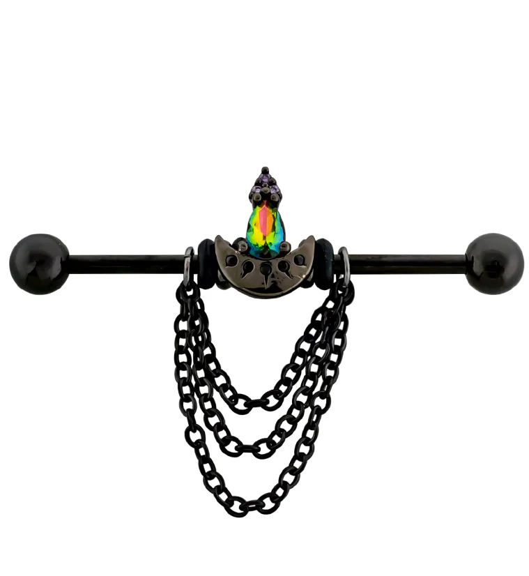 Black PVD Crescent Moon Dangle Chain Black Aurora CZ Industrial Barbell - Mrs Treak