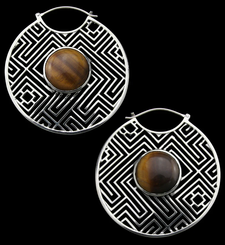 Mesh Tigers Eye Stone White Brass Ear Weights - Mrs Treak