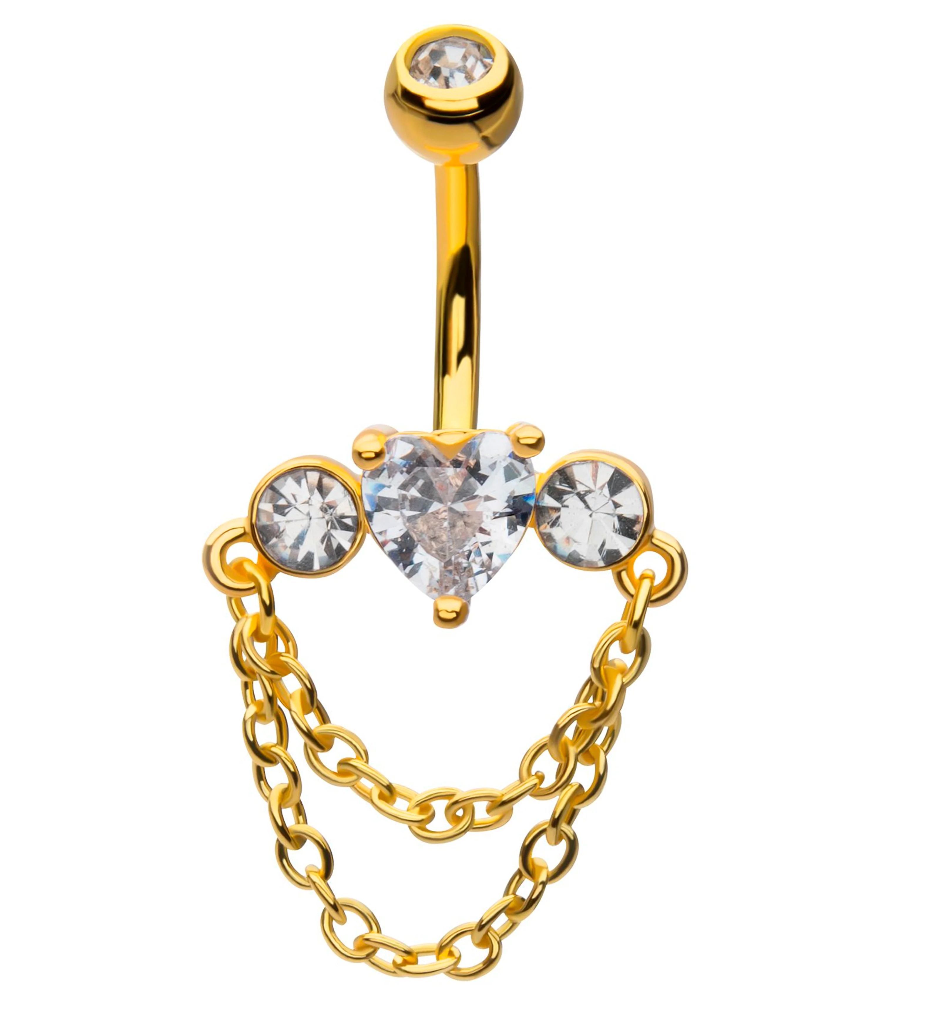 Gold PVD Heart Center Clear CZ Double Dangle Chain Stainless Steel Belly Button Ring - Mrs Treak