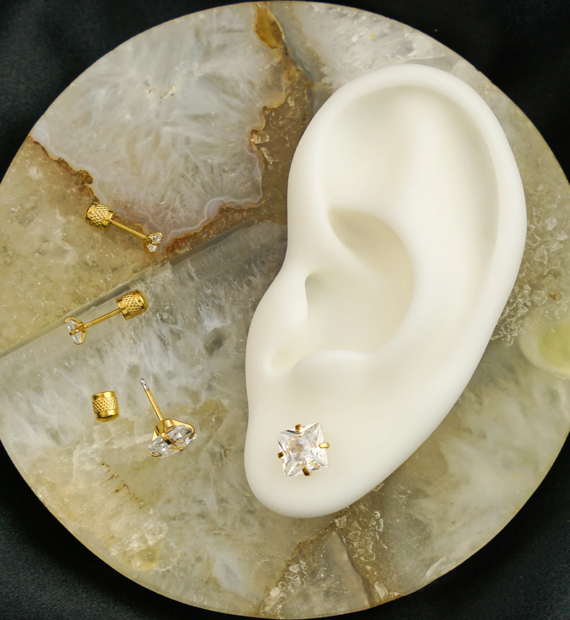 Gold PVD Square Clear CZ Stainless Steel Textured Cylinder Back Stud Earrings - Mrs Treak