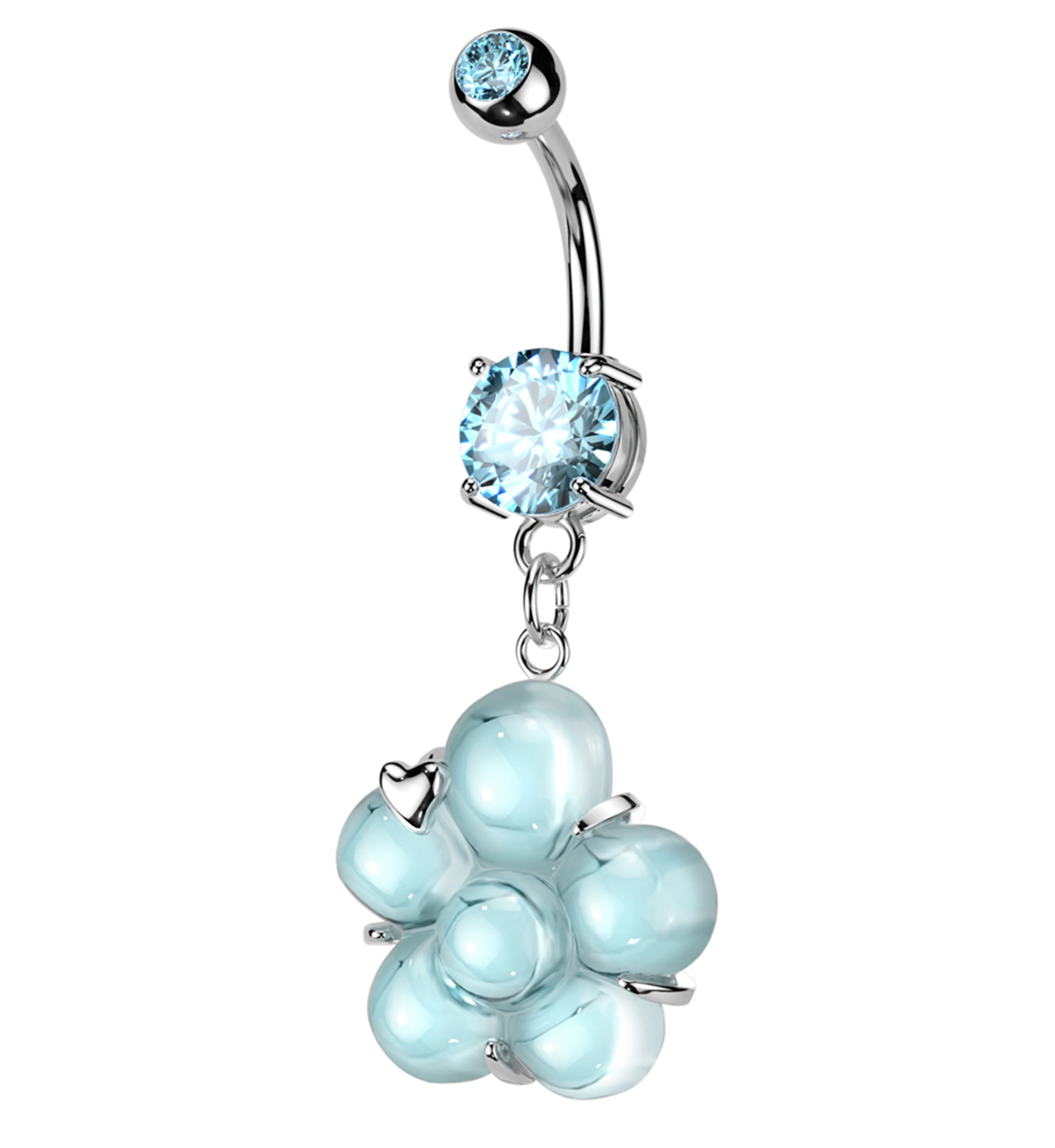 Flower Pressed Fit Aqua CZ Dangle Stainless Steel Belly Button Ring - Mrs Treak