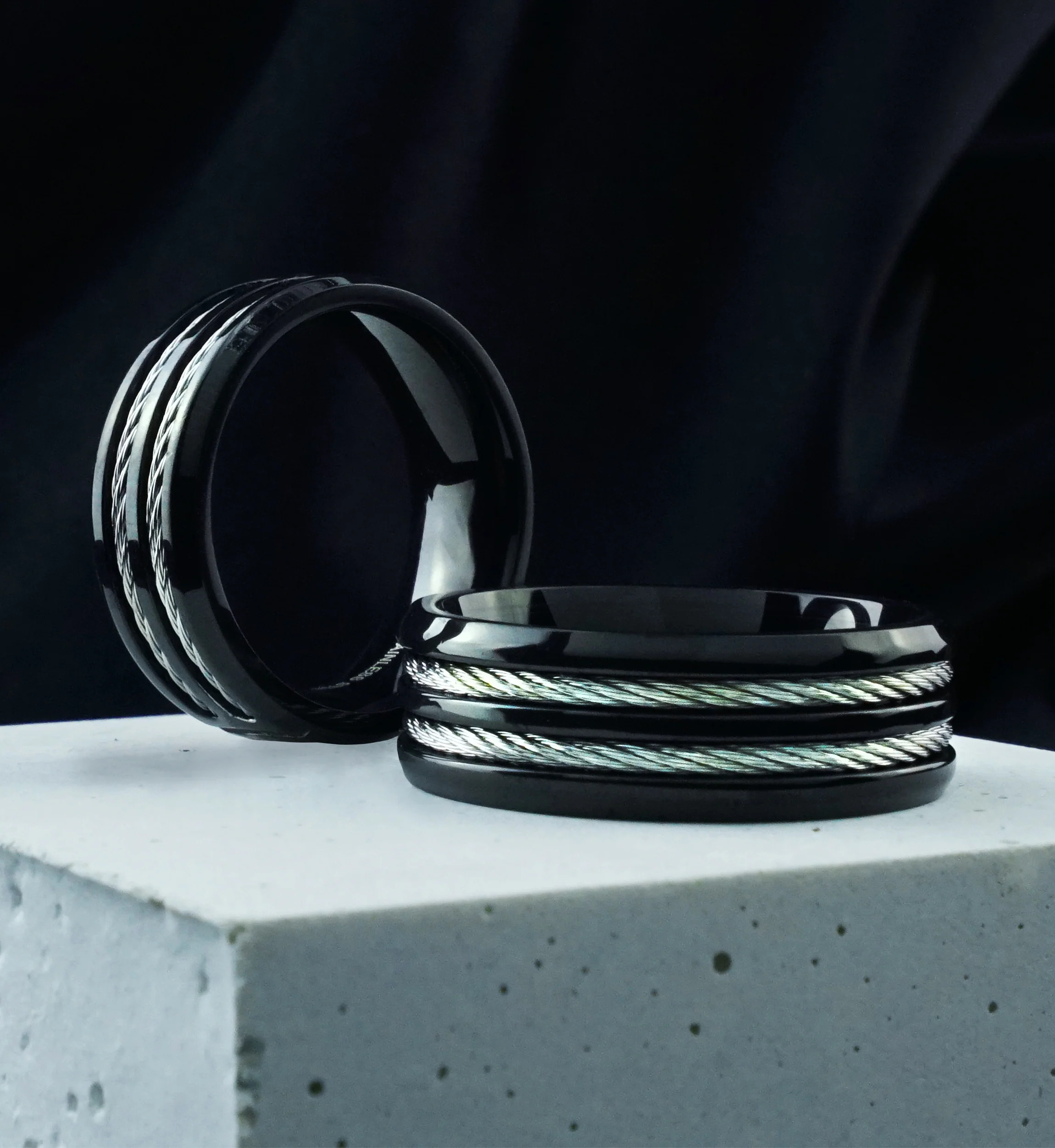 Double Cable Stainless Steel Black PVD Ring - Mrs Treak