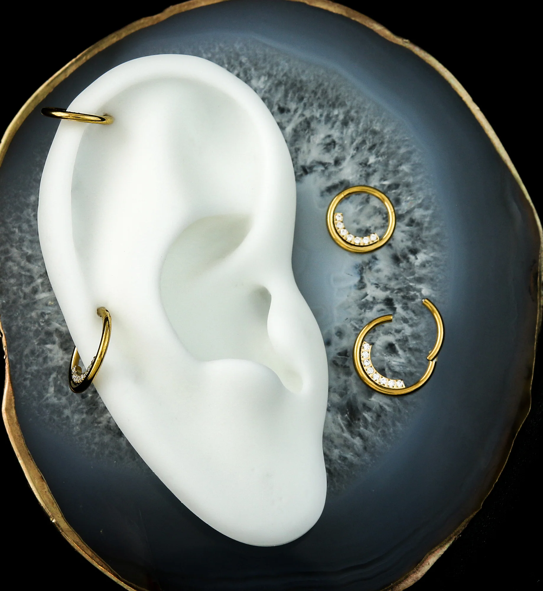 Gold PVD Ethereal Inner Clear CZ Row Stainless Steel Hinged Segment Ring - Mrs Treak