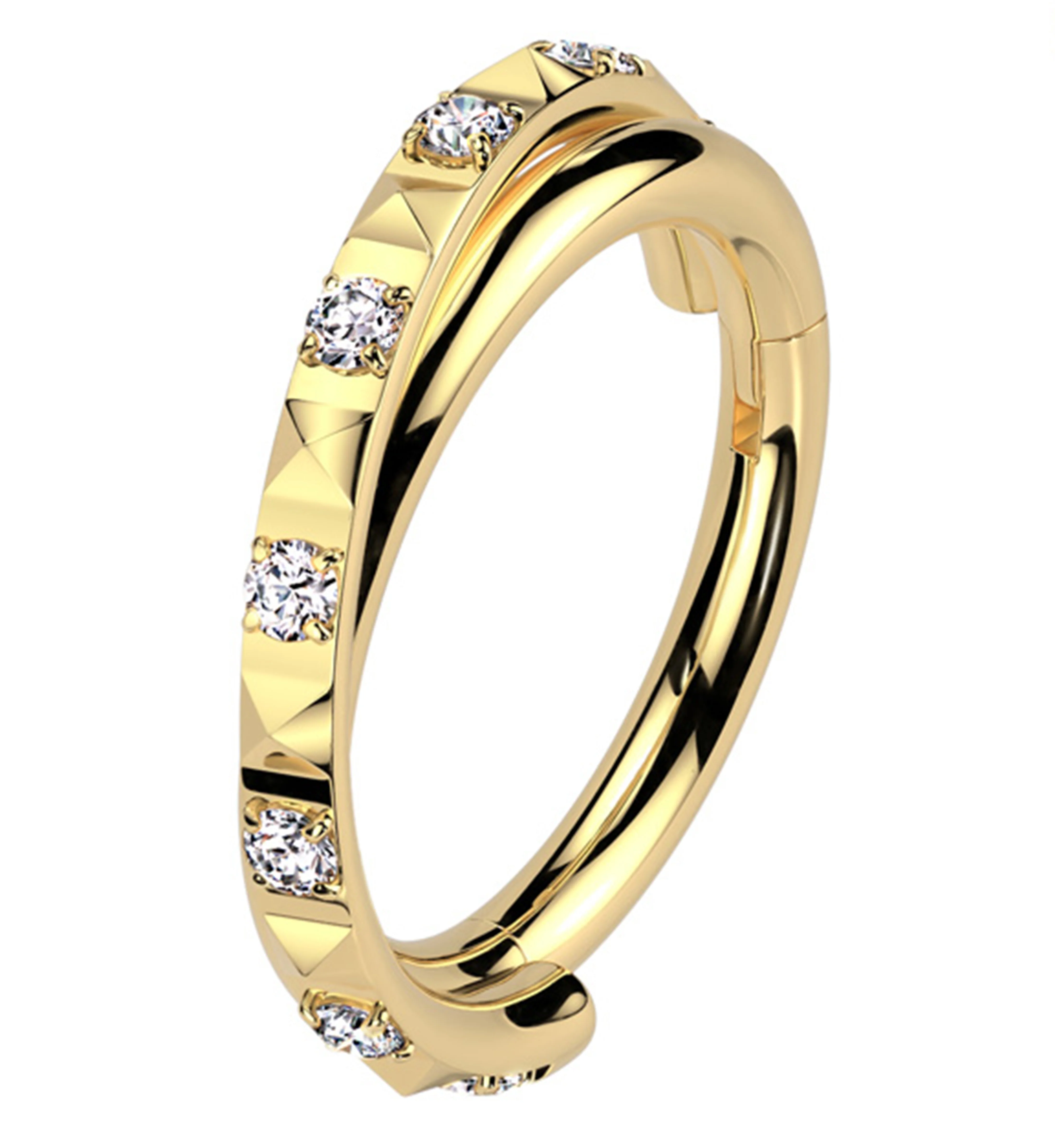 Gold PVD Crossover Polyhedra Clear CZ Titanium Hinged Segment Ring - Mrs Treak